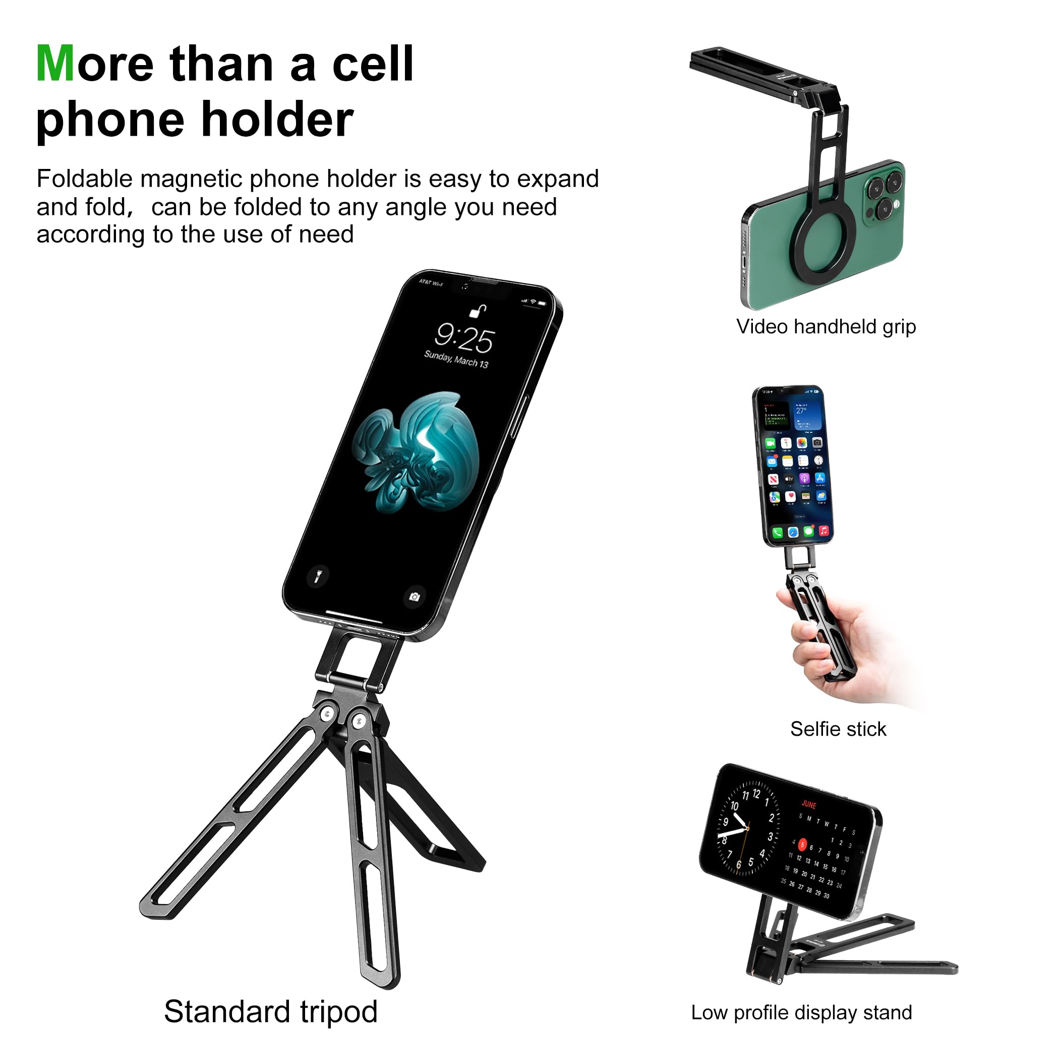 Fanaue Magnetic Pocket Phone Tripod Foldable Compatible With Magsafe Iphone Plus Pro Max Series, Magnetic Phone Holder For 4.5-7.5" Phones, Selfie Stick Handle Smartphone Desk Stand Travel All In One.