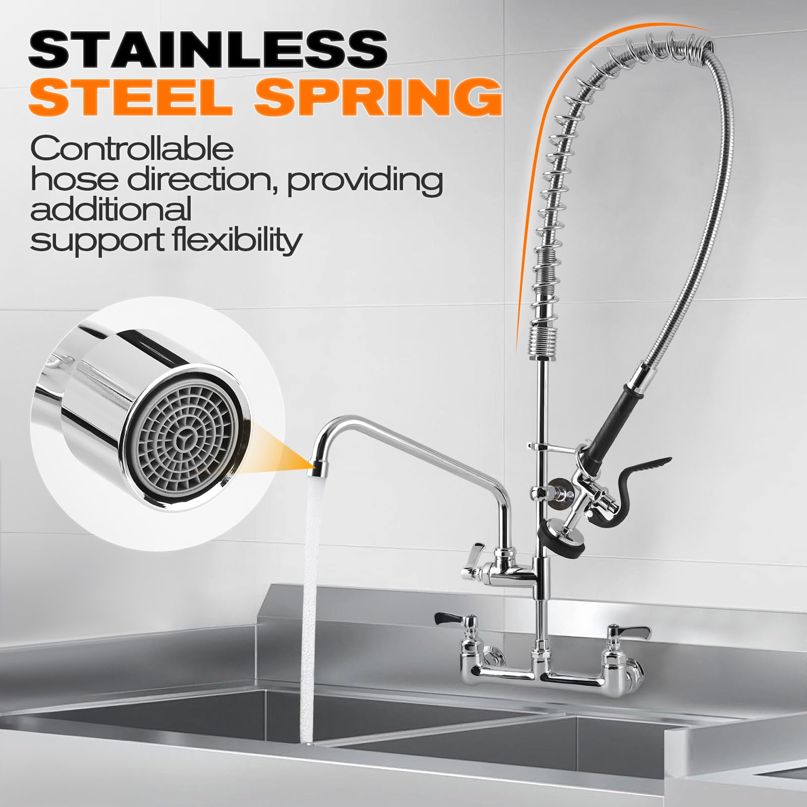 Bzimak 25" Height Commercial Faucet With Sprayer, 8" Adjustable Center & 12" Add-On Swing Spout, Wall Mount Pre Rinse Faucet For Restaurant Kitchen (Chrome)