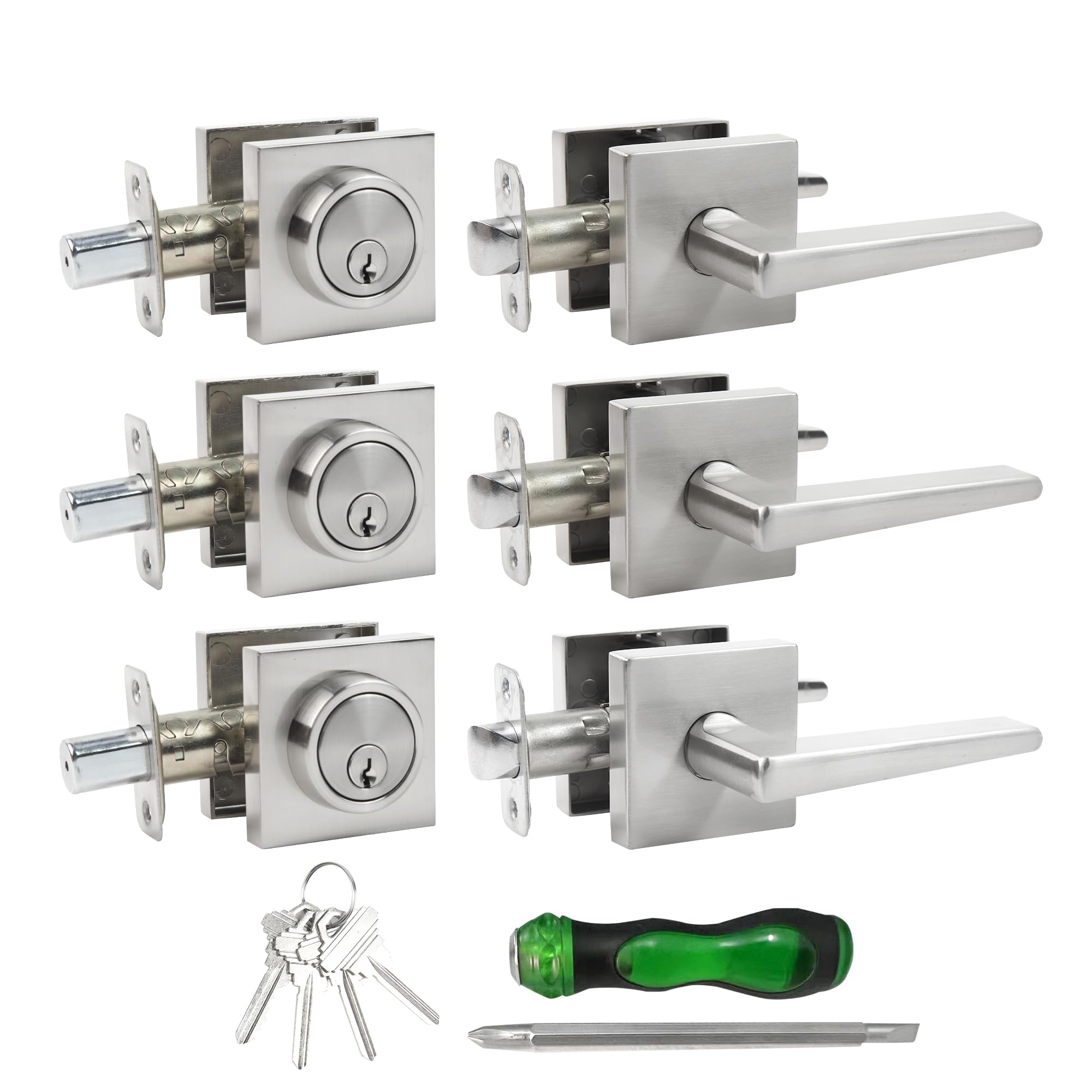 Jesstti Deadbolt Lock And Door Knob Set, Exterior Door Lock Set With Deadbolt, Square Dead Bolt Locks For Exterior Doors, Heavy Duty Entry Door Lever With Single Cylinder Deadbolt, (Satin Nickel 3Pack)