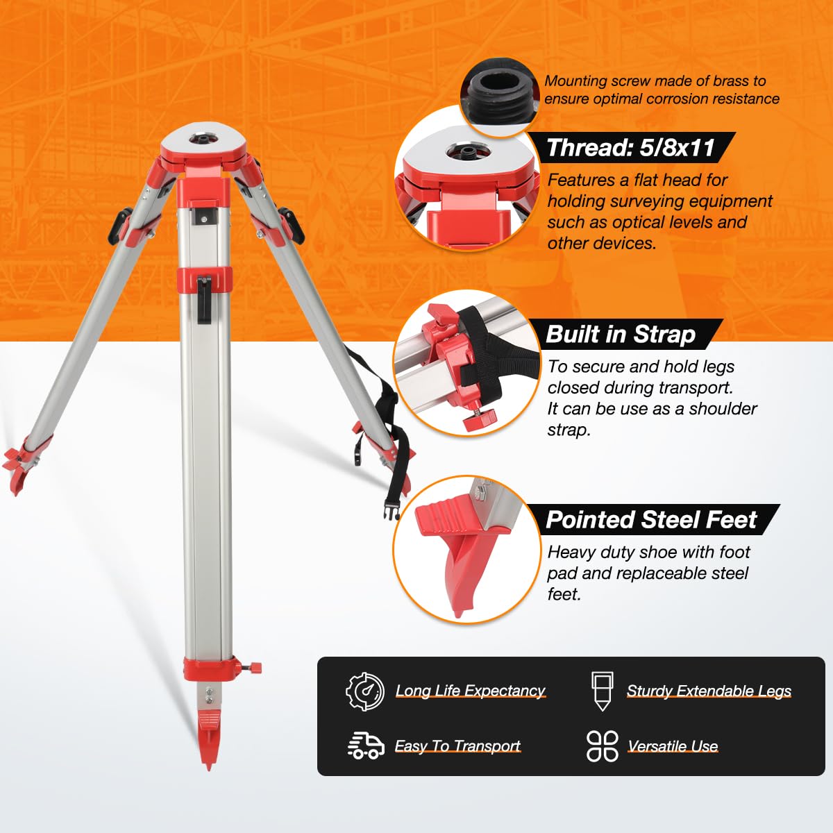Mountlaser Surveying Tripod, Aluminum Survey Tripod With 5/8-Inch 11-Threaded Flat Head Quick Clamp For Auto Level