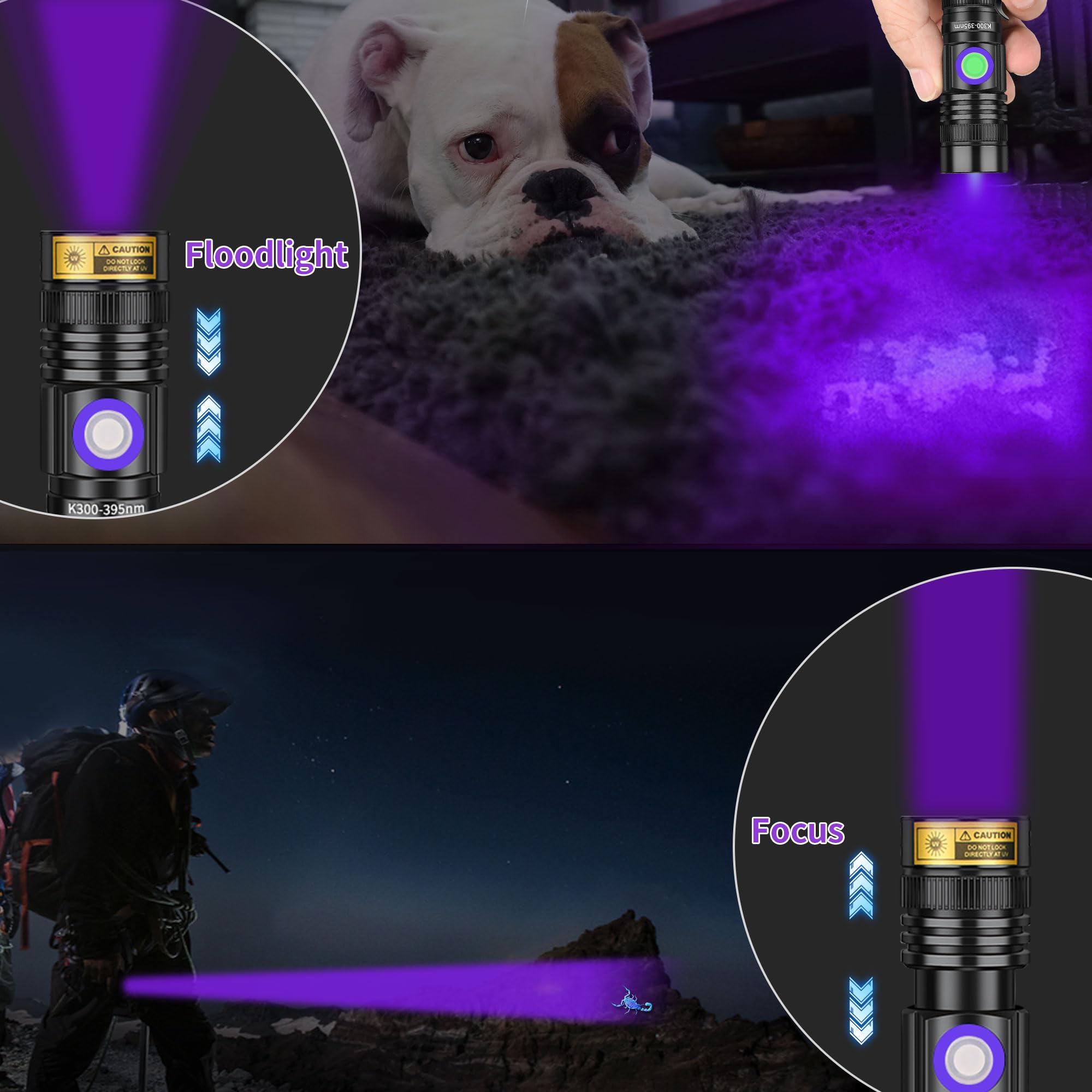 Vmtenmv Uv Flashlight Black Light Usb Rechargeable 395Nm Blacklight Mini, Woods Lamp Portable Handheld Powerful Led Ultraviolet Lights Flashlights, Focus Adjustable For Resin Curing, Pet Urine Detection