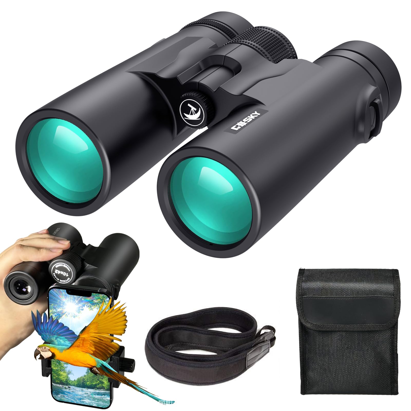 Gosky 10X42 Roof Prism Binoculars For Adults, Hd Professional Binoculars For Bird Watching Travel Stargazing Hunting Concerts Sports-Bak4 Prism Fmc Lens-With Phone Mount Strap Carrying Bag