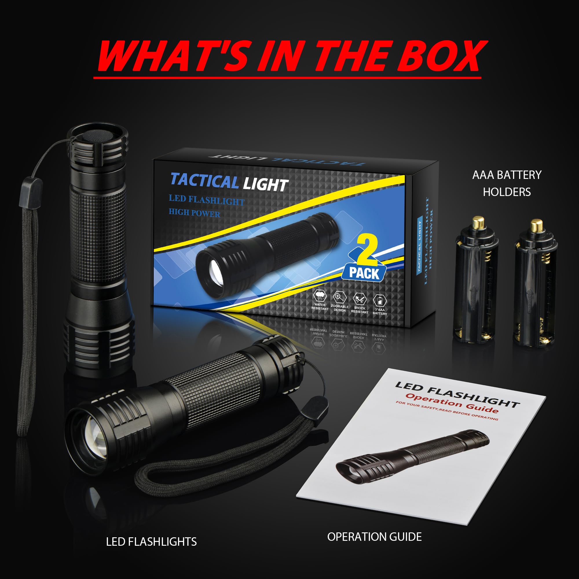 Miuree Led Flashlight Water Resistant Military Grade 2000 Lumens 3 Modes Zoom Function Ultra Bright Torch,2-Pack