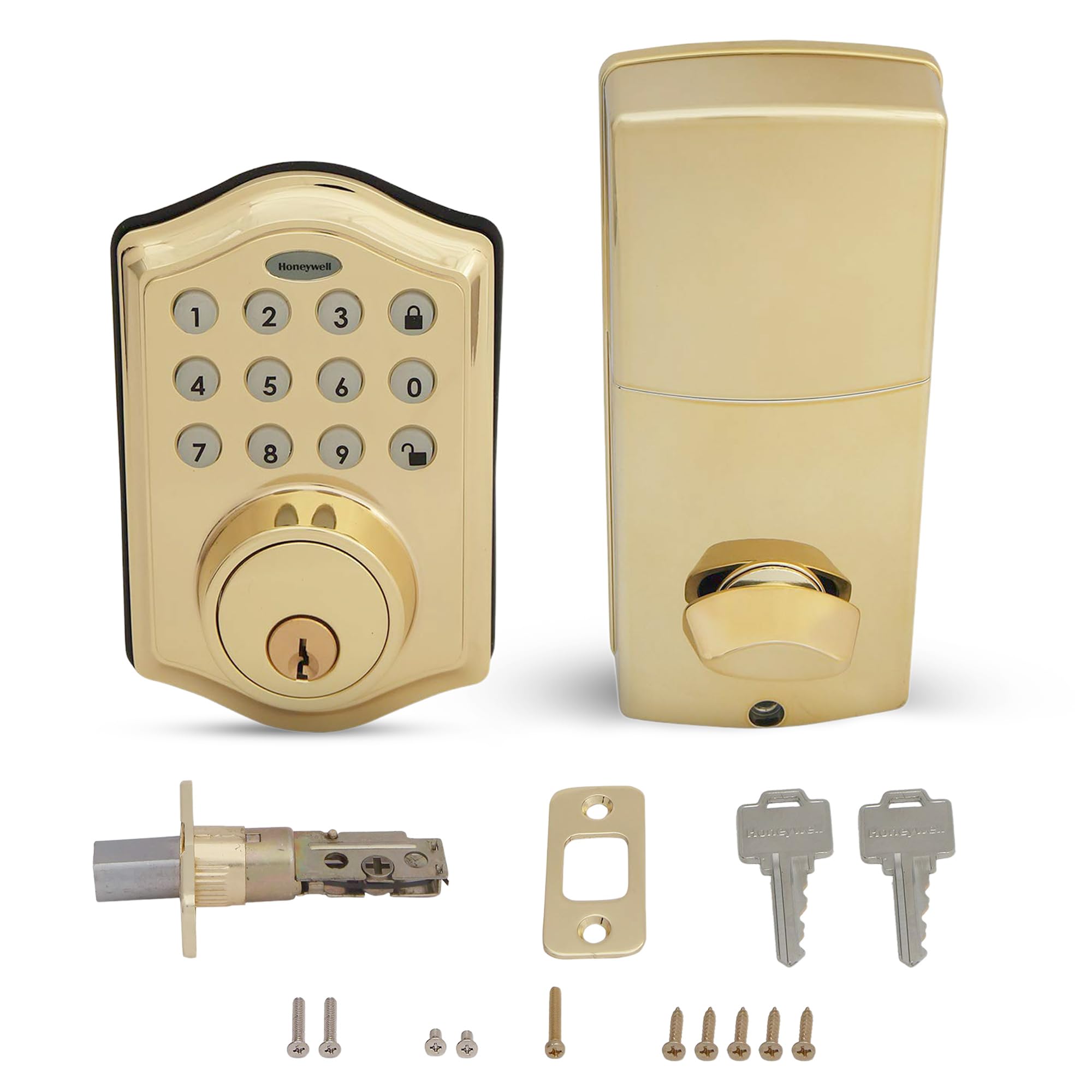 Honeywell Safes & Door Locks - Keyless Entry Door Lock With Smart Electronic Keypad Deadbolt - Easy Installation & 50 Different User Pin Codes - Auto Lock - Polished Brass - 2.9 X 2 X 6.2 In - 8712009