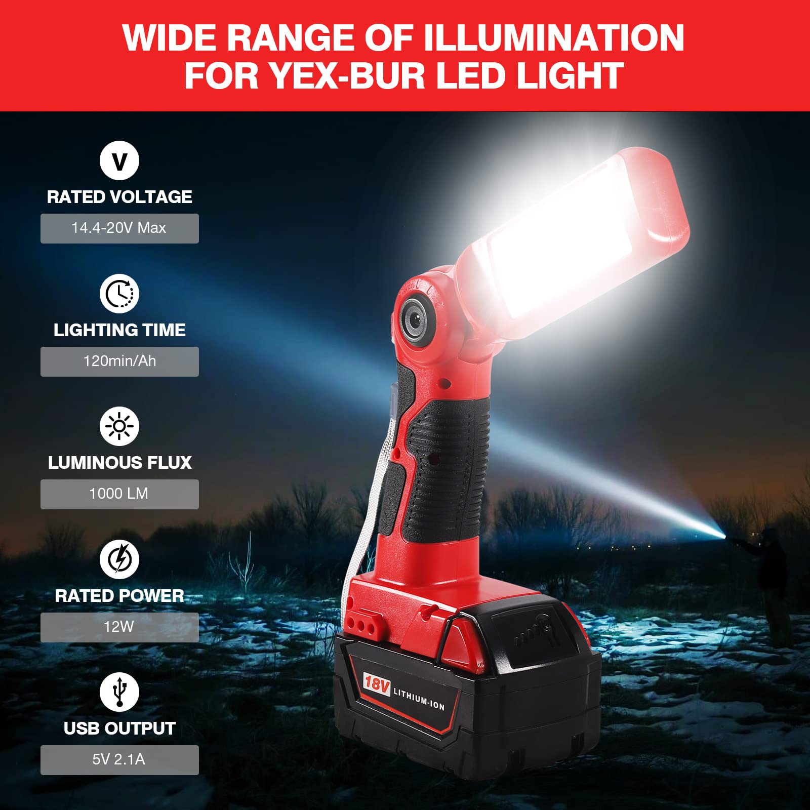 Yex-Bur Led Work Light Torch Compatible With Milwaukee 18V Battery, 12W 1000Lm Flashlight With Usb-A Charging Port Portable Outdoor Indoor Lights For Workshop,Garage,Camping,Emergencies