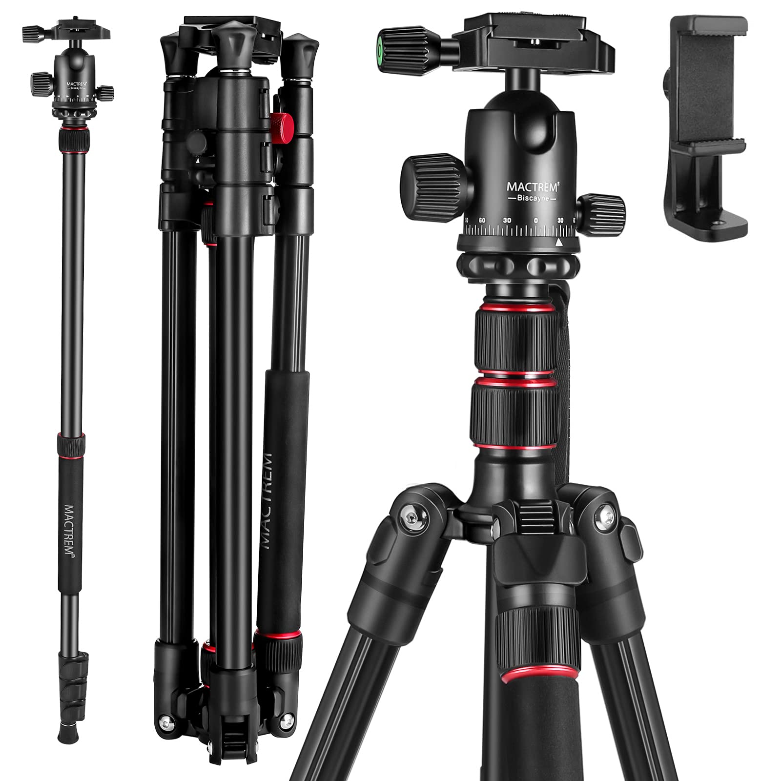 Mactrem 84" Camera Tripod, Dslr Tripod Heavy Duty For Travel, 360 ° Ball Head Professional Aluminum Tripod & Monopod With Carry Bag Compatible With Canon Nikon Binoculars Laser Telescope, 33Lb Load