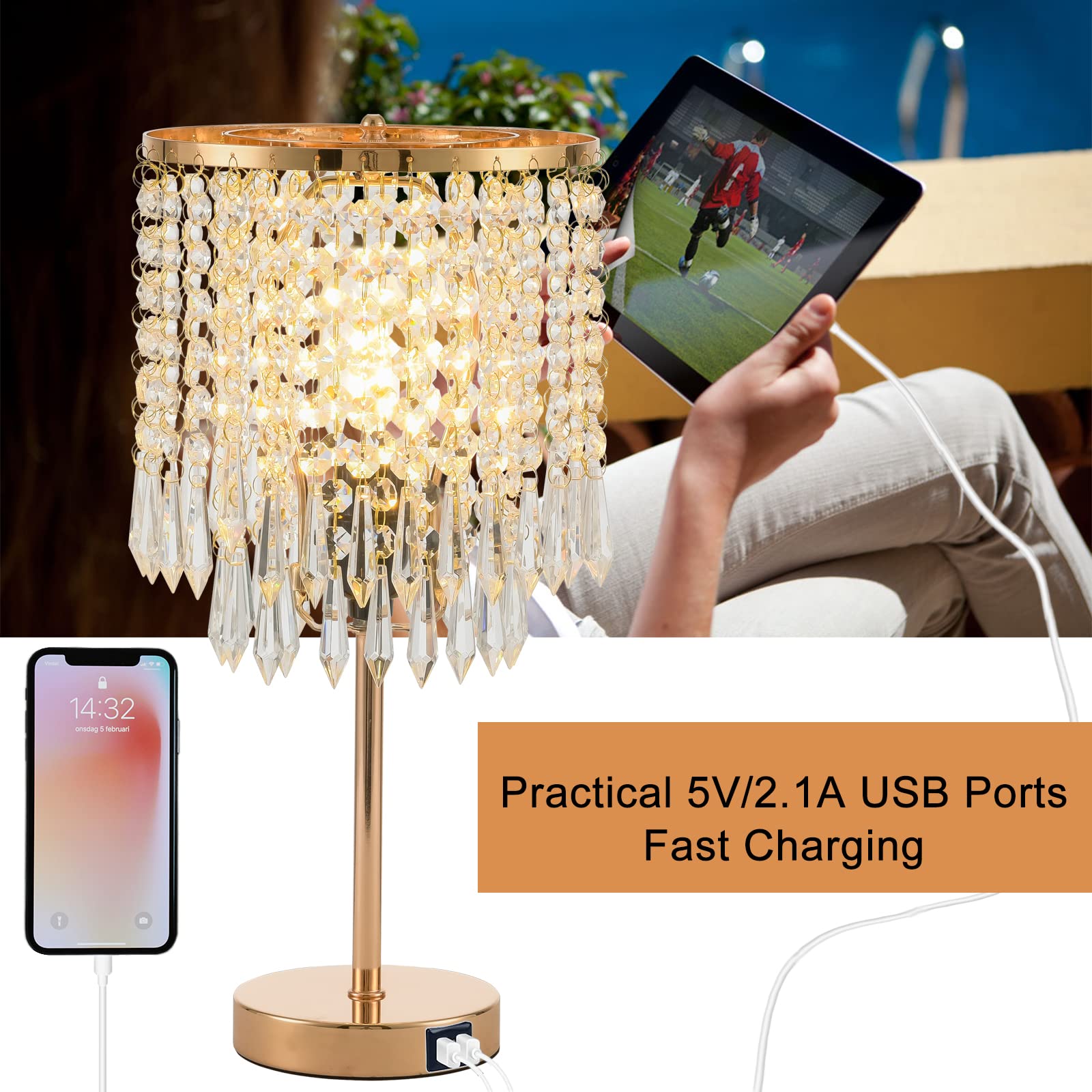 Popity Home Crystal Table Lamps Set Of 2, Gold Lamps For Nightstand With 2 Usb Charging Ports, 3-Way Touch Dimmable Crystal Lamp, Gold Bedside Lamp With Elegant Shade For Bedroom, Living Room
