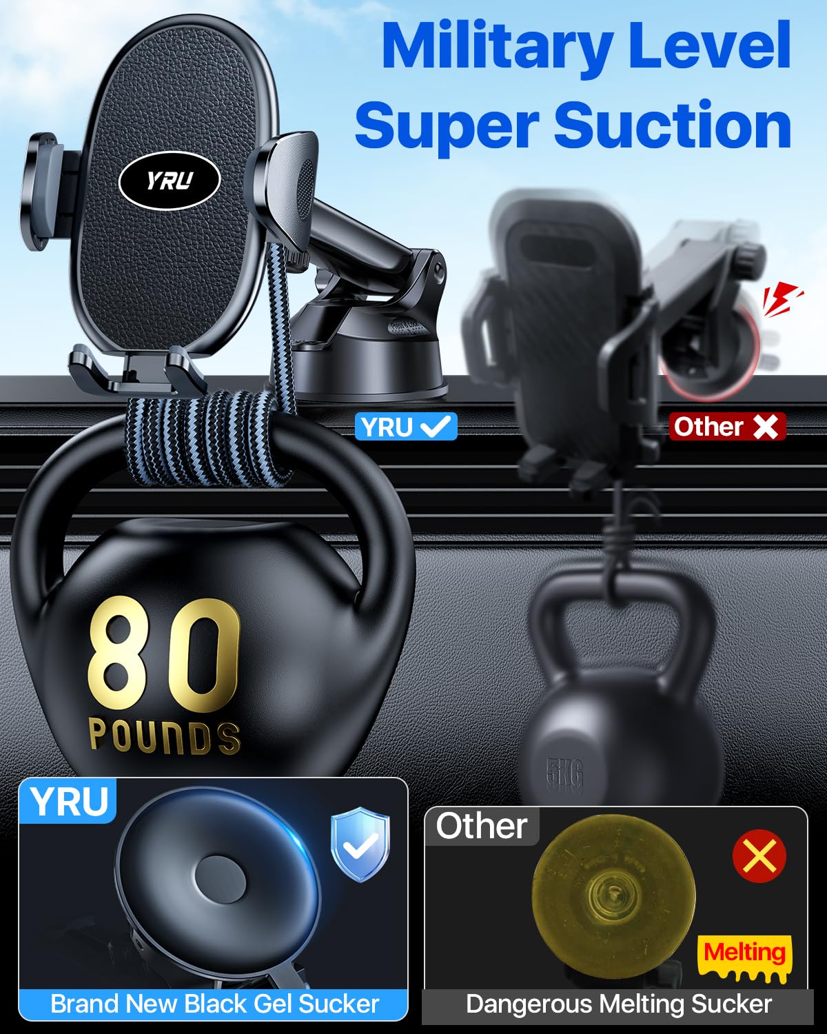 Yru [ ] Universal Car Phone Holder Mount【 360°Rotatable & Strong Suction】 Cell Phoneholder Car Dashboard Windshield Phone Holder Dash Stand For Iphone 16 15 14 13 12 Samsung Truck, Black