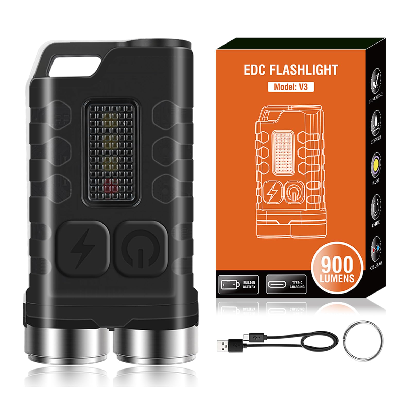 Minflower Mini Edc Flashlight, 900 High Lumen Keychain Flashlights, Rechargeable Pocket Led Flashlight With Red Uv Blue Light - 12 Modes, Ip65 Water Resistant, Usb-C, Tail Magnet (Black)