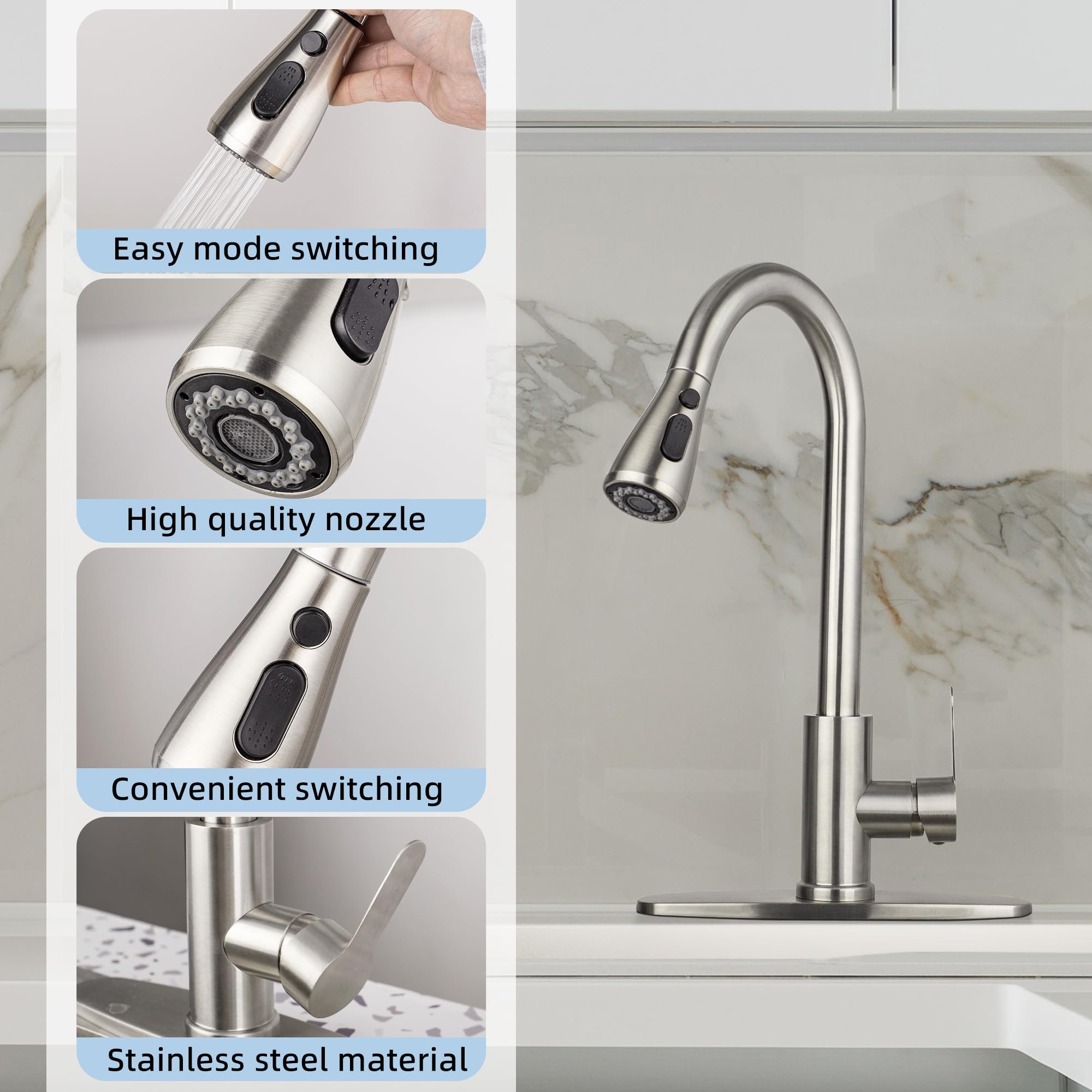 Ruhekⅴ Kitchen Sink Faucet With Pull Down Sprayer，Utility Rv Bar Sinks Deck Plate Home Handle Stainless Steel 360 High Arc Brushed Nickel Out Kitchens Tap Faucets (Silver)