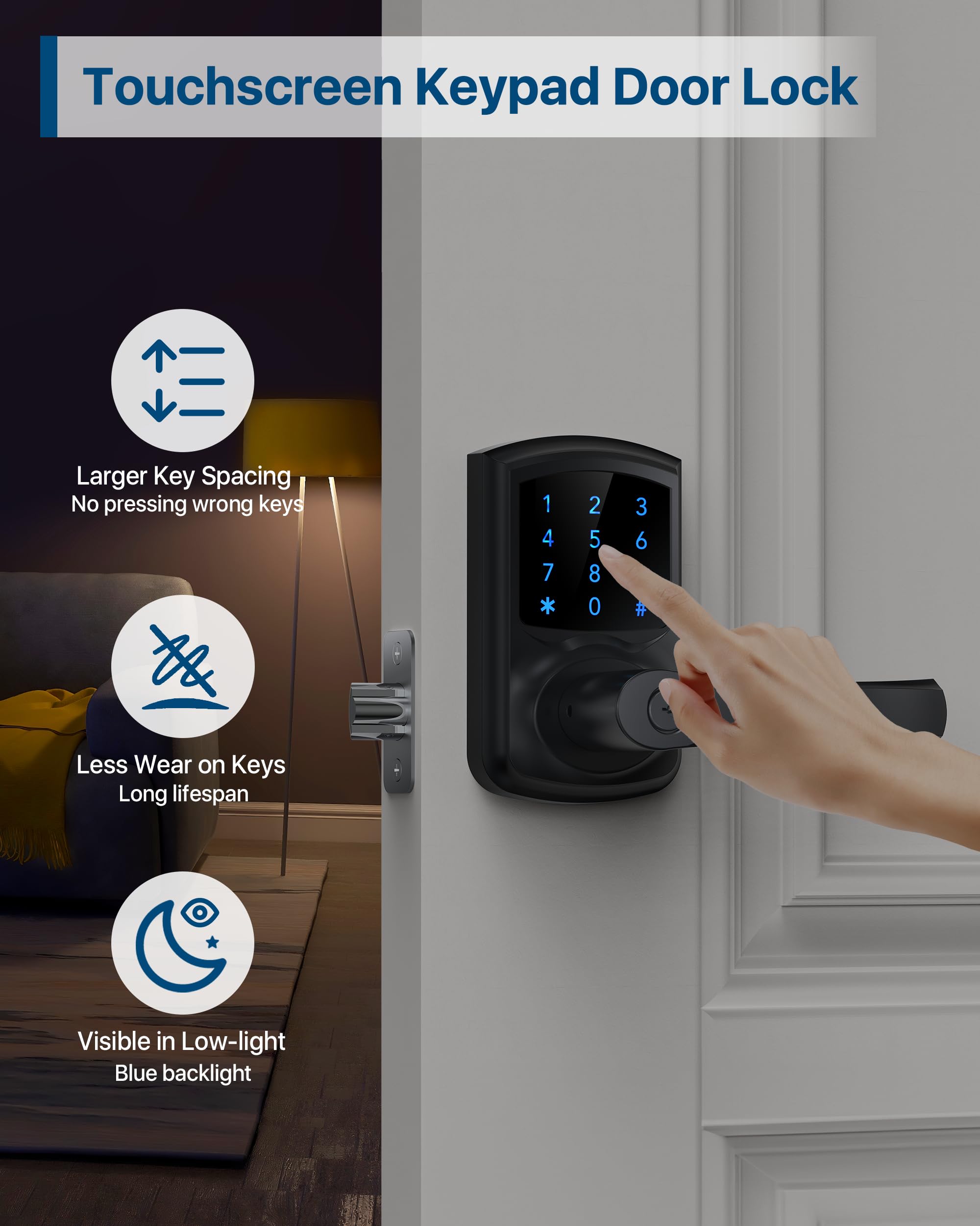 Hidalife Keyless Entry Door Lock, Smart Locks For Front Door, Keypad Door Knob With Handle, Touchscreen, One-Touch Toggle For Passage Mode, Matte Black