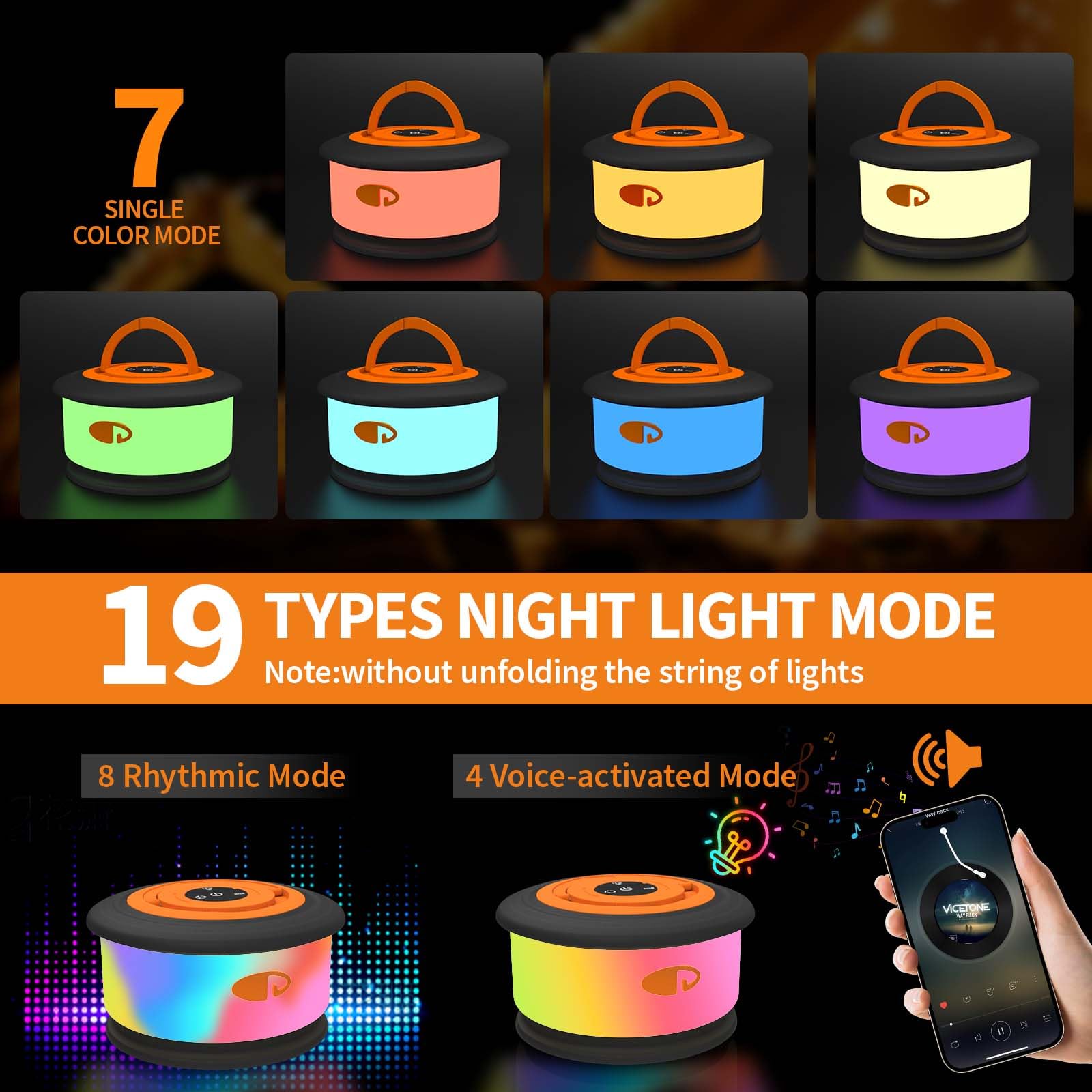Toheto Camping String Lights, 3 In 1 Retractable Rgb Outdoor String Lights With 19 Lighting Modes,Quick 30S Recovery, 32.8 Ft Portable Tent Lights, Rechargeable Camping Lantern (Black&Orange)