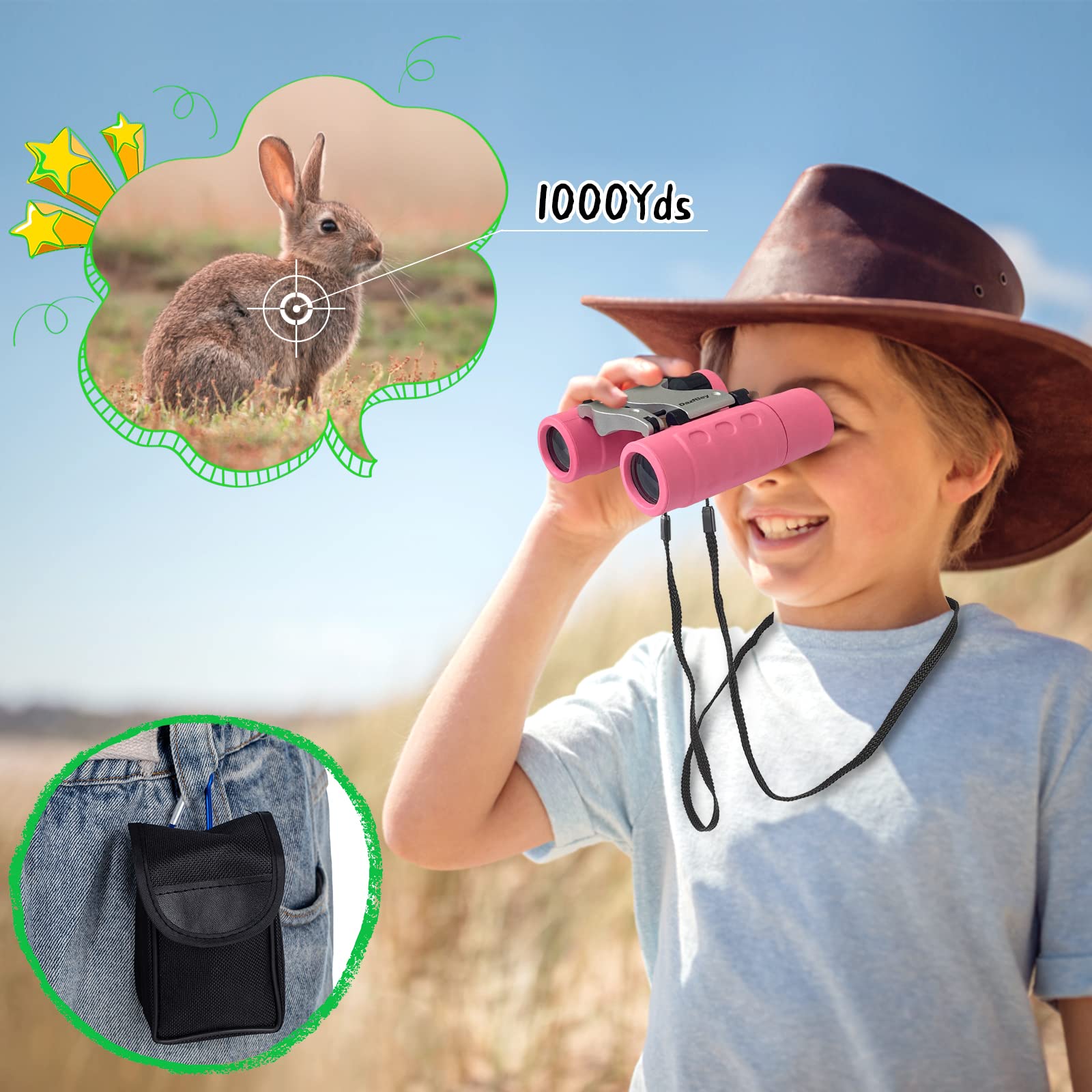 Dazftiey 8X21 High Resolution Binoculars For Kids - Shockproof, Lightweight, Compact For Boys And Girls 3-12 Years - Bird Watching, Camping, Hiking (Pink)