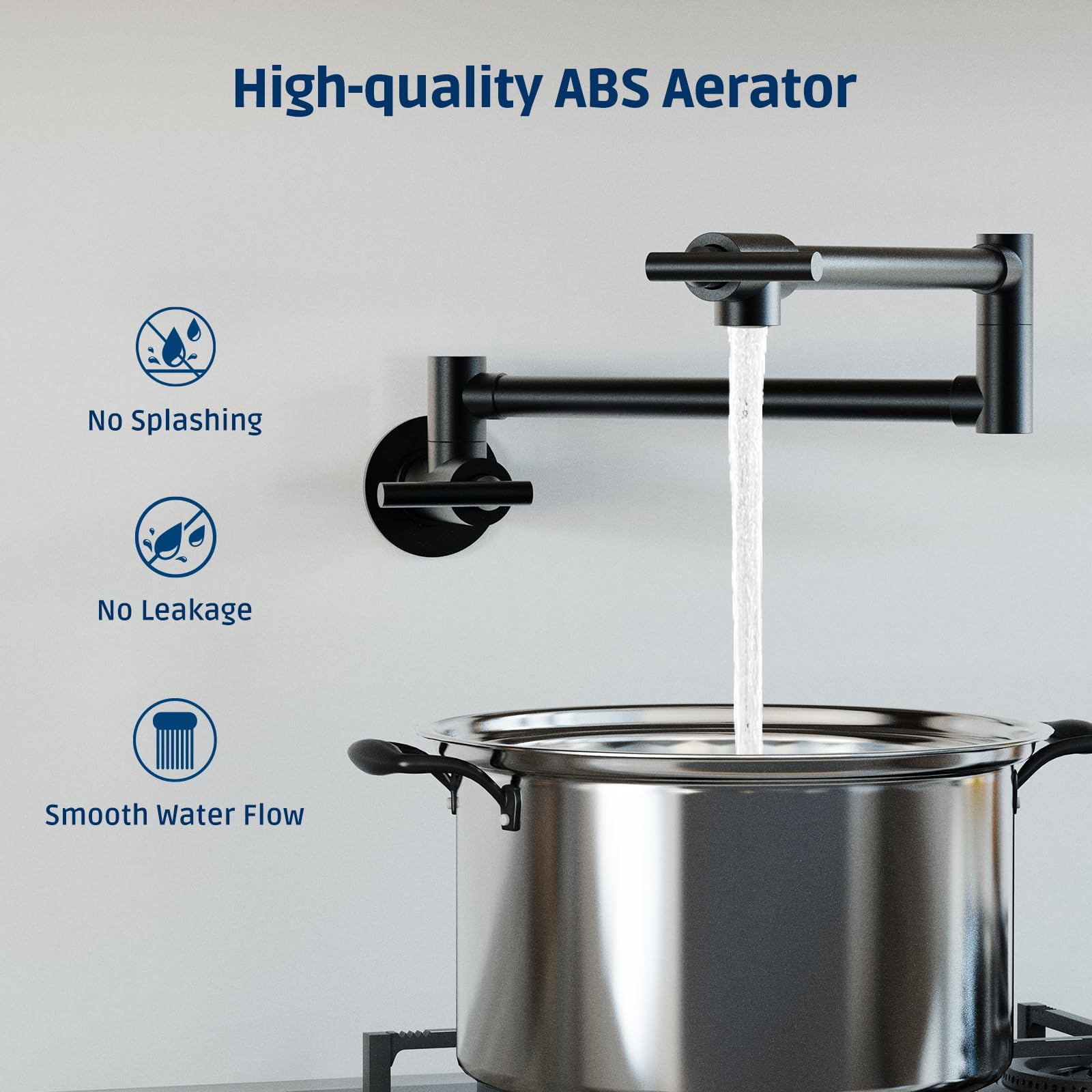 Allkorma 24" Brass Pot Filler Faucet, Wall Mount Over Stove Kitchen Folding Faucet, Pot Fillers For Stove, 2 Handles With Double Joint Swing Arms, Matte Black