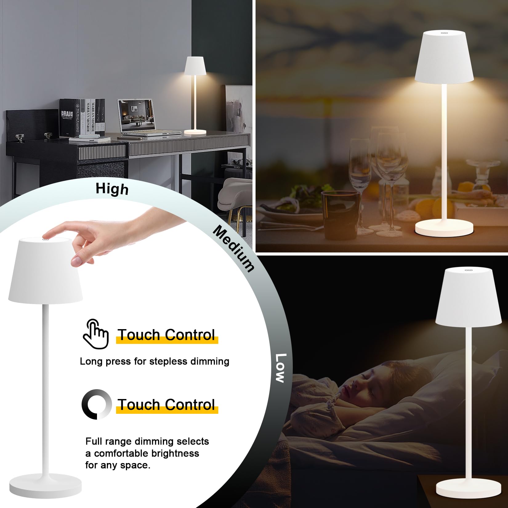 Ralbay Ralaby Ip54 Cordless Table Lamps Portable Rechargeable Battery Operated Lamp, Modern Aluminum Dimmable Indoor/Outdoor Cordless Lamp,Desk Lamp For/Restaurant/Bar/Cafe/Bedroom (2 Pack,White,4800Mah)