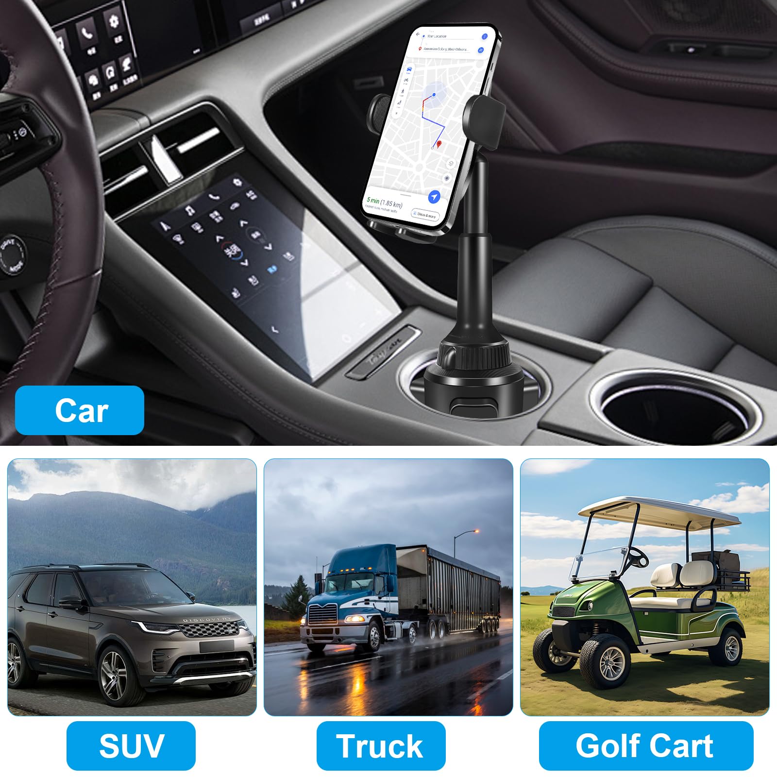 Degum  Wireless Car Charger, Cup Holder Phone Mount With 15W Fast Charging Phone Holder Adjustable Long Arm Height, Compatible With Iphone 16 15 14 13 Samsung Lg And More (With Car Adapter)