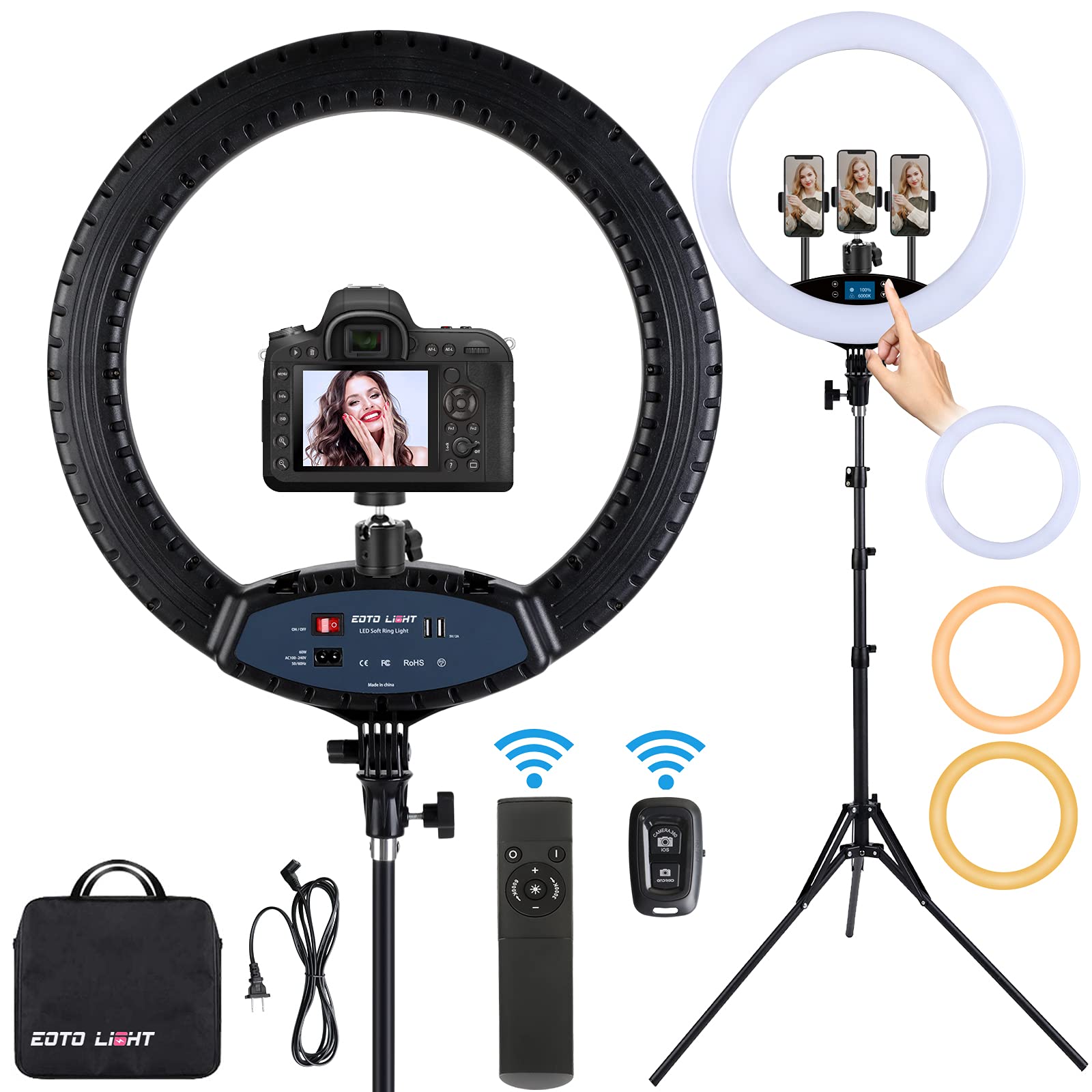 Eoto Light 19 Inch Led Ring Light Lcd Display Touch Screen With Tripod Stand Dimmable Makeup Selfie Ring Light For Studio Portrait Youtube Vlog Video Shooting With Carrying Bag And Remote Controller, Cri90