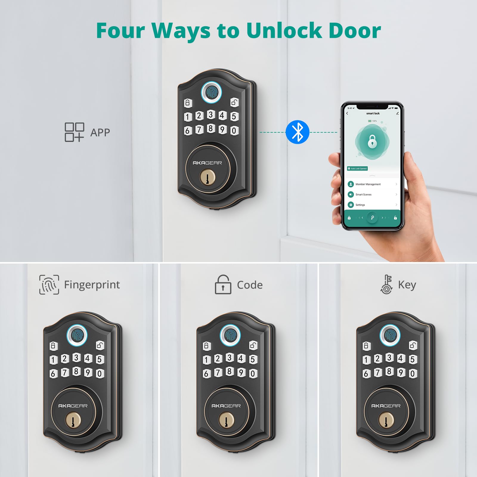 Akagear Ds10 Pro Keyless Entry Door Lock With Handle Set, Smart Front Door Locks Set, Electronic Keypad, Fingerprint Deadbolt, Bluetooth App Control, Auto-Lock & One Touch Locking, Oil Rubbed Bronze
