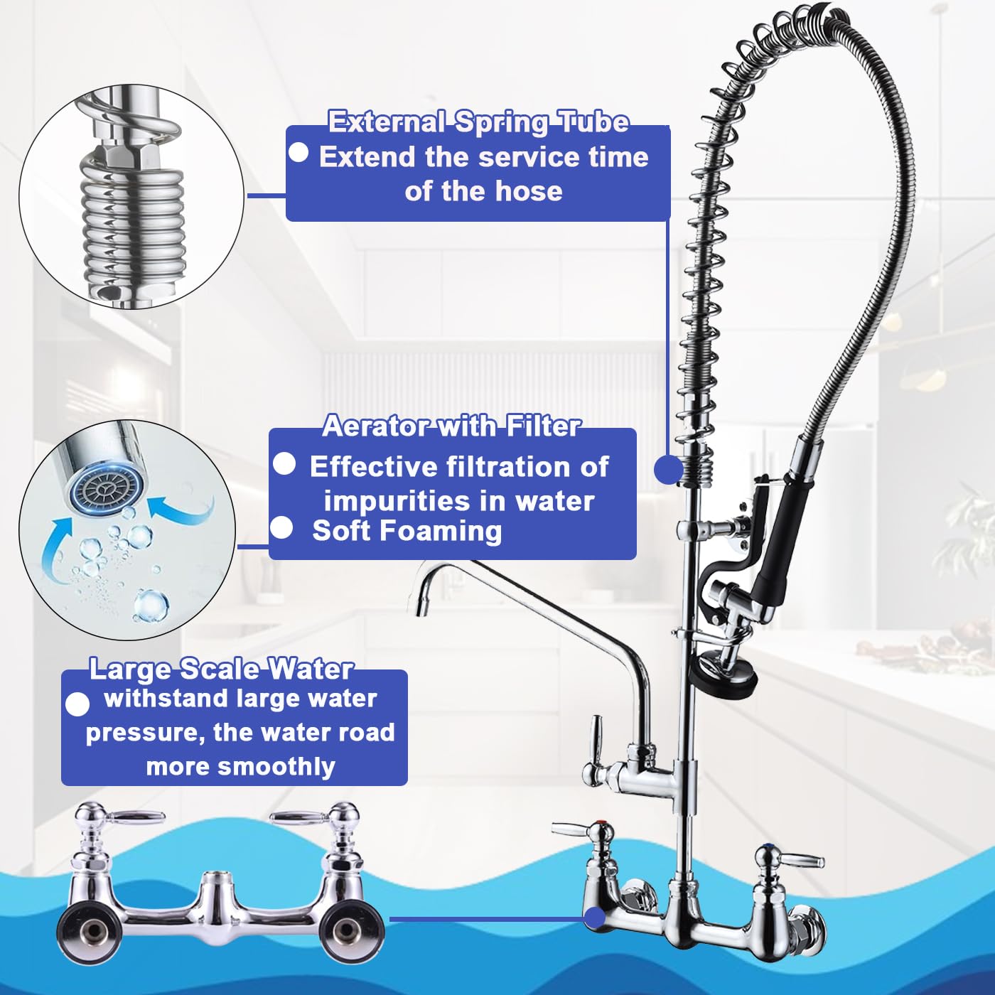 Agahpay Commercial Faucet With Sprayer Wall Mount Kitchen Faucet 8 Inch Center Commercial Sink Faucet 42" Height With Longer Strong Hose 12 Inch Stainless Steel Spout For 3 Compartment Sink Restaurant Hotel
