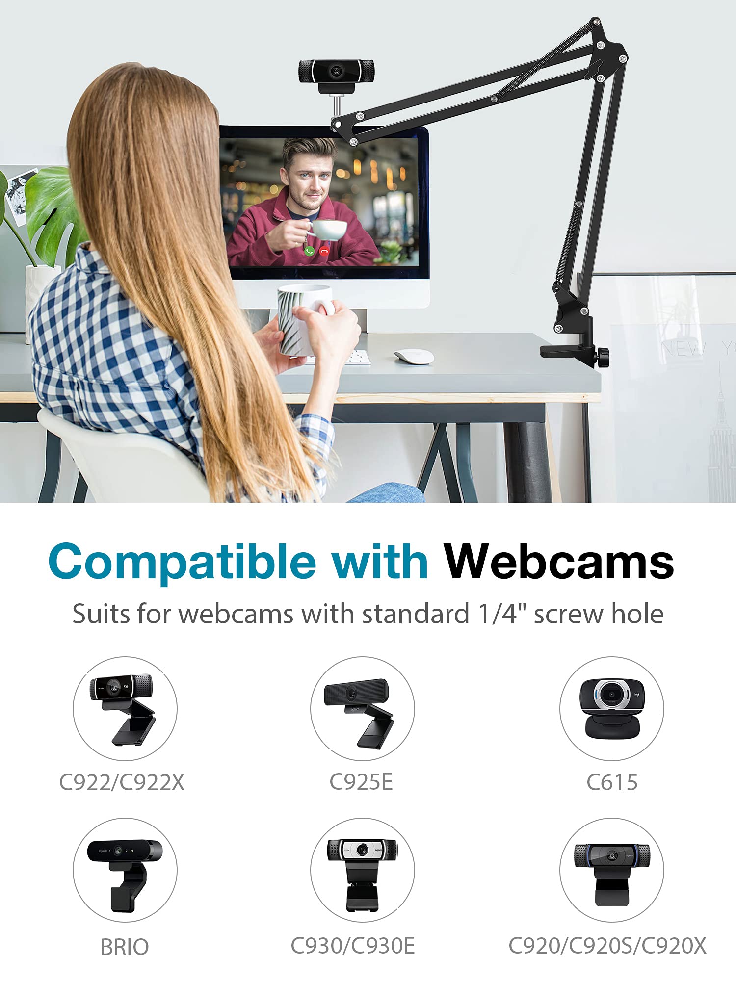 Innogear Webcam Stand, Boom Arm Mount Stand For Logitech Webcam Brio 4K C920 C920S C922 C922X C925E C930 Nexigo N60, 1/4"-3/8" And 3/8"-5/8" Screw For Blue Yeti Snowball Yeti Nano And Other Mics