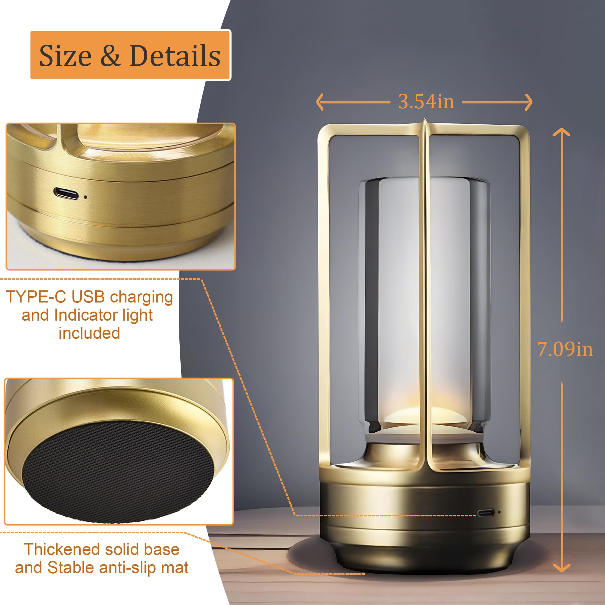Etosec Portable Metal Table Lamp For Outdoor Indoor, Rechargeable Desk Lamp With Touch Control And 3 Color Stepless Dimming For Home Decor/Restaurant/Bar/Camping Light (3.54" W X 7.09" H)