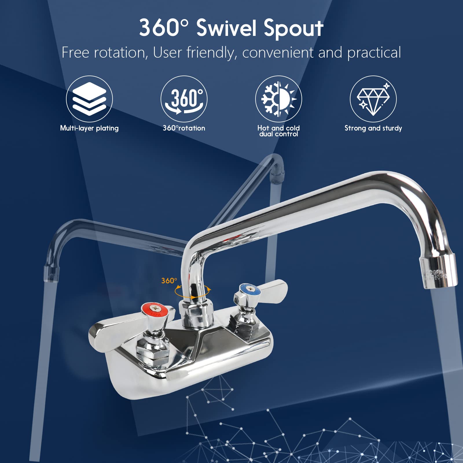 Zkdausdo 4 Inch Center Commercial Sink Faucet Wall Mount With 10" Swivel Spout & Ceramic Valve, Kitchen Hand Sink Faucet, 1/2" Npt Male Inlet, Brass Constructed & Chrome Polished, Dual Lever Handles