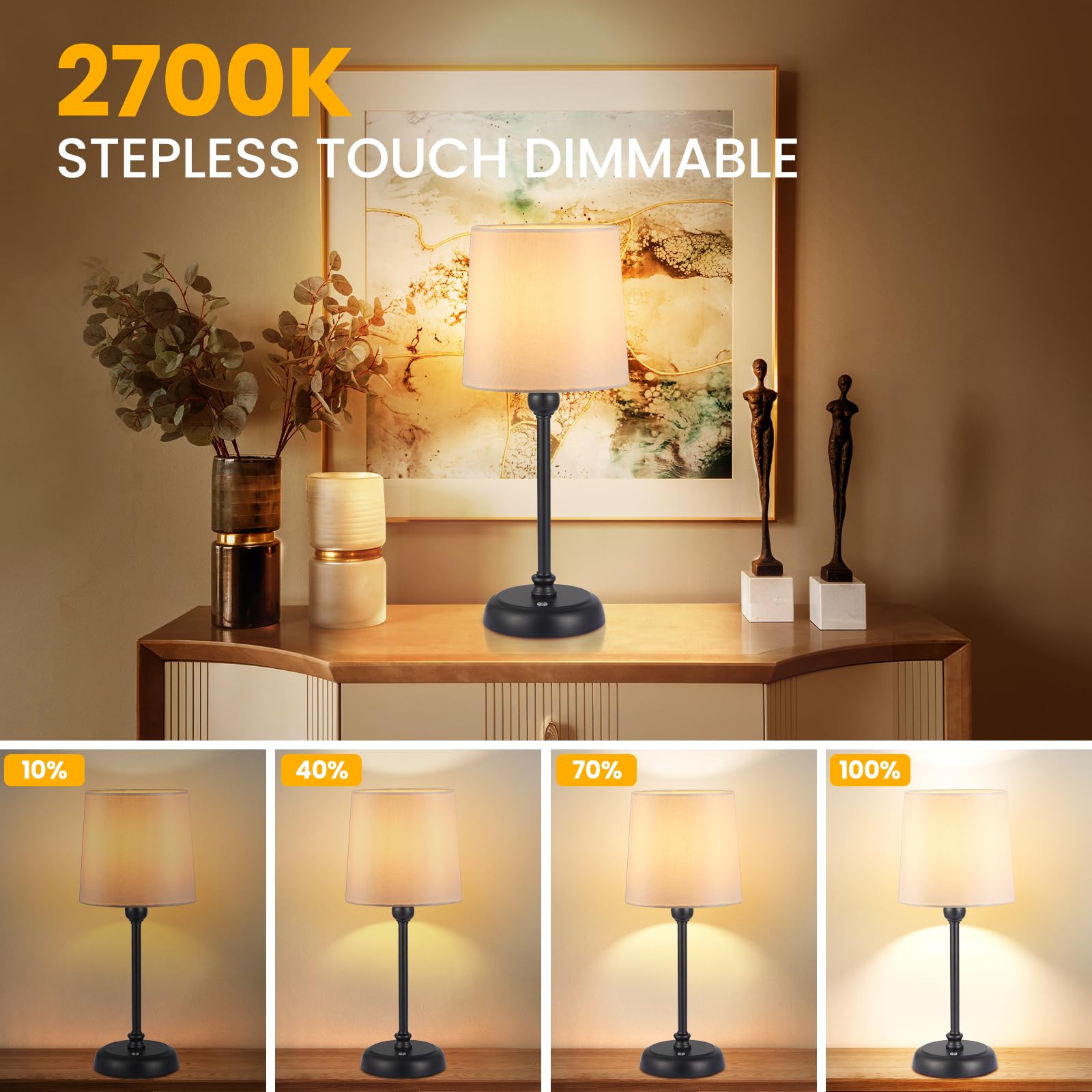 Kanweis Cordless Led Table Lamp, 6000Mah Rechargeable Battery Small Portable Bedside Lamp, Touch Stepless Dimmable Patio Ambient Table Light For Restaurant Office Bedroom(Black, High)