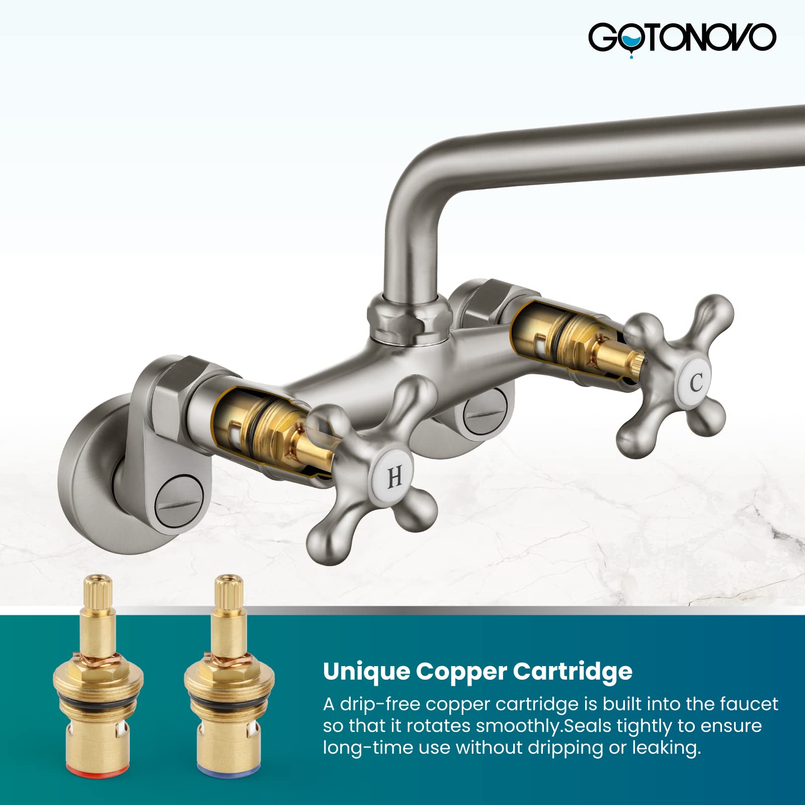 Gotonovo Wall Mount Kitchen Faucet Brushed Nickel Double Cross Handle Commercial 3 Inch To 9 Inch Adjustable Spread Mixer Tap With 9 Inch Spout Reach