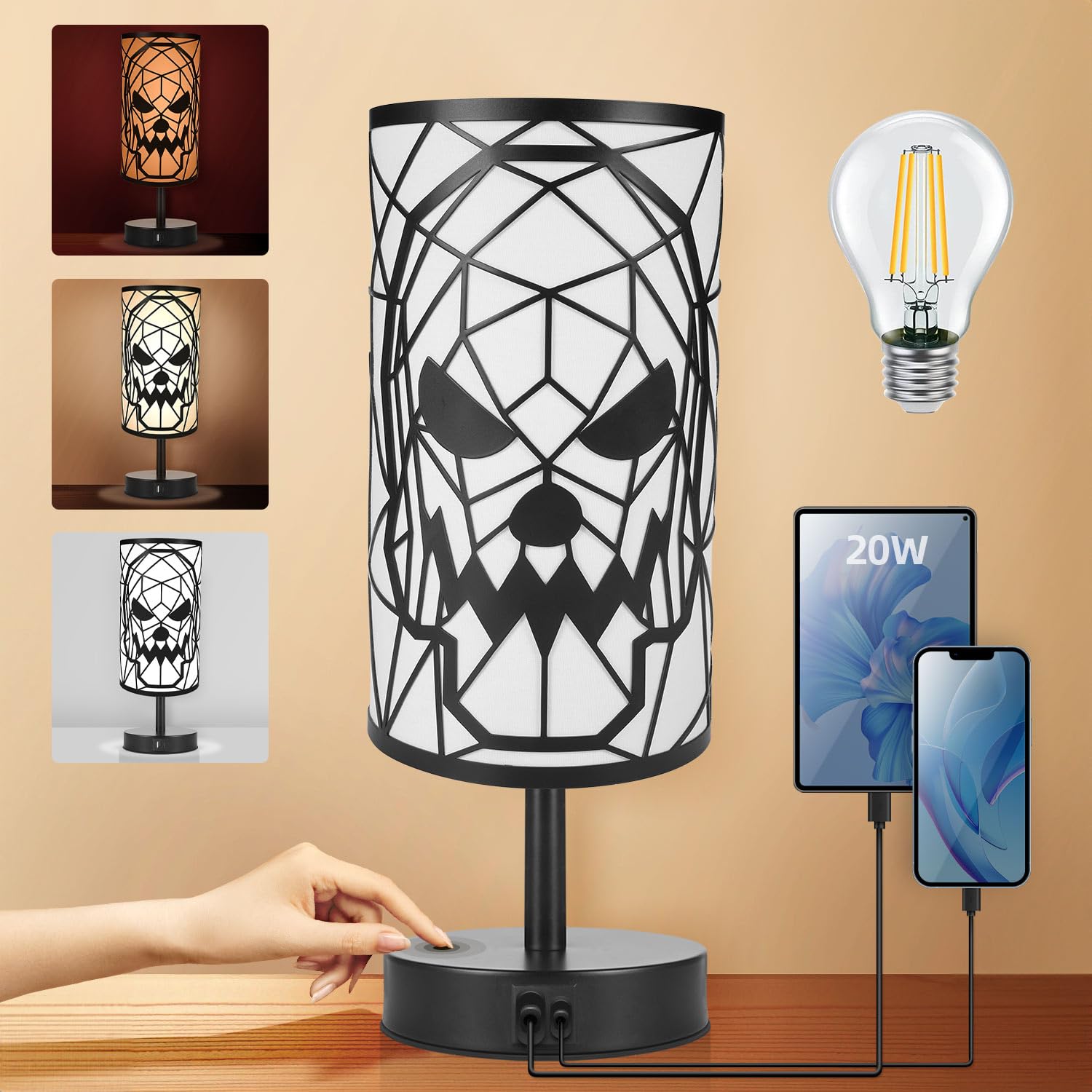 Lampylife Black Skull Lamps For Bedroom: Skeleton Lamp 3-Way Dimmable Touch Control Table Lamp For Gothic Decor,Anniversary Birthday Halloween Christmas Decorations Skull Light