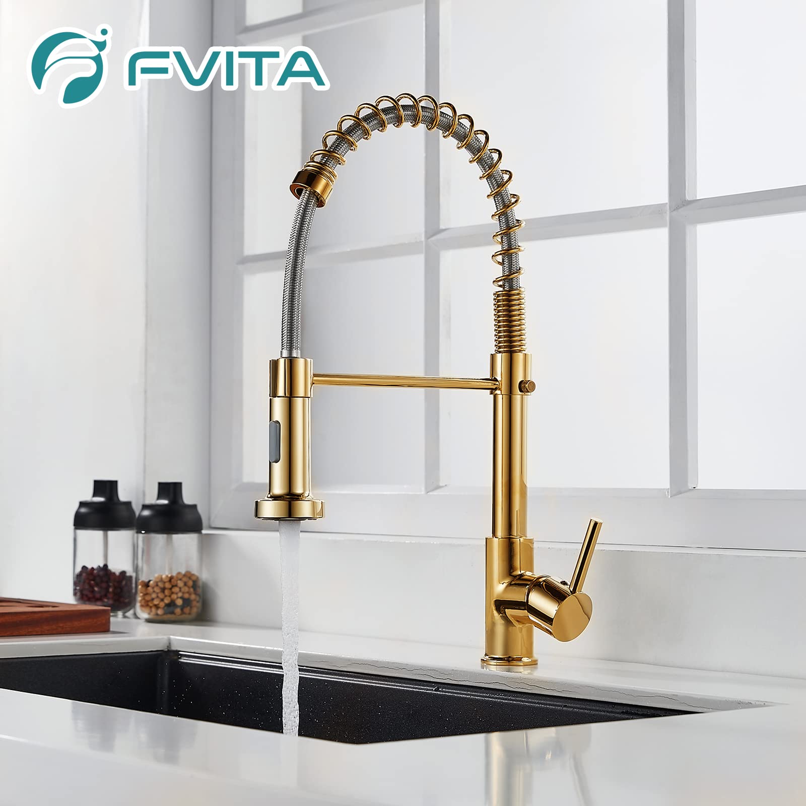 Fvita Kitchen Faucet With Pull Down Sprayer Polished Gold Kitchen Sink Faucet Single Handle Spring Single Hole Faucet For Kitchen Sink