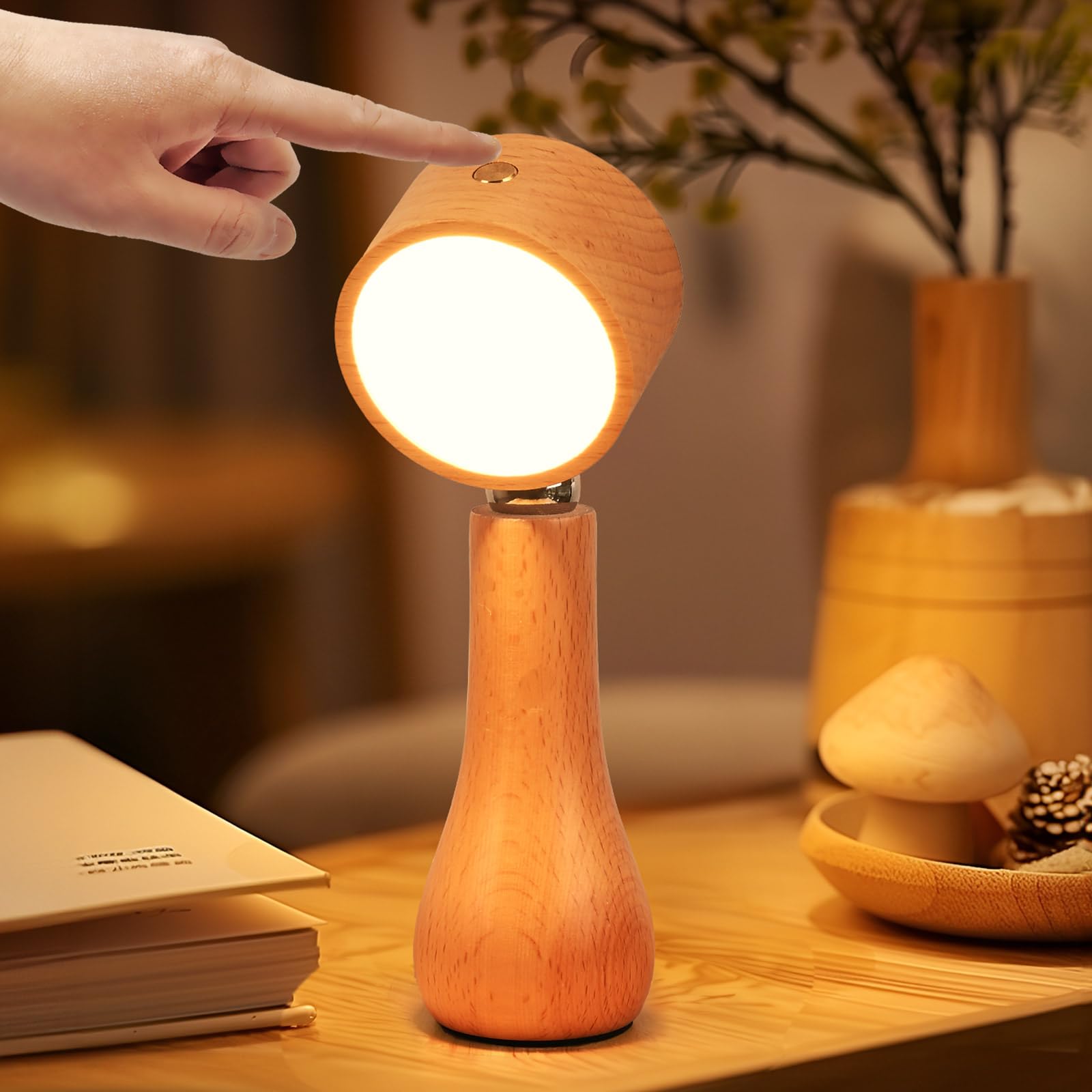 Moroommt Wooden Small Bedside Table Lamp, Portable Touch Switch Cordless Lamp, Rechargeable Battery Operated Desk Lamps For Bedrooms, Stepless Dimming, 360° Rotate Magnetic Ball, Night Light For Birthday