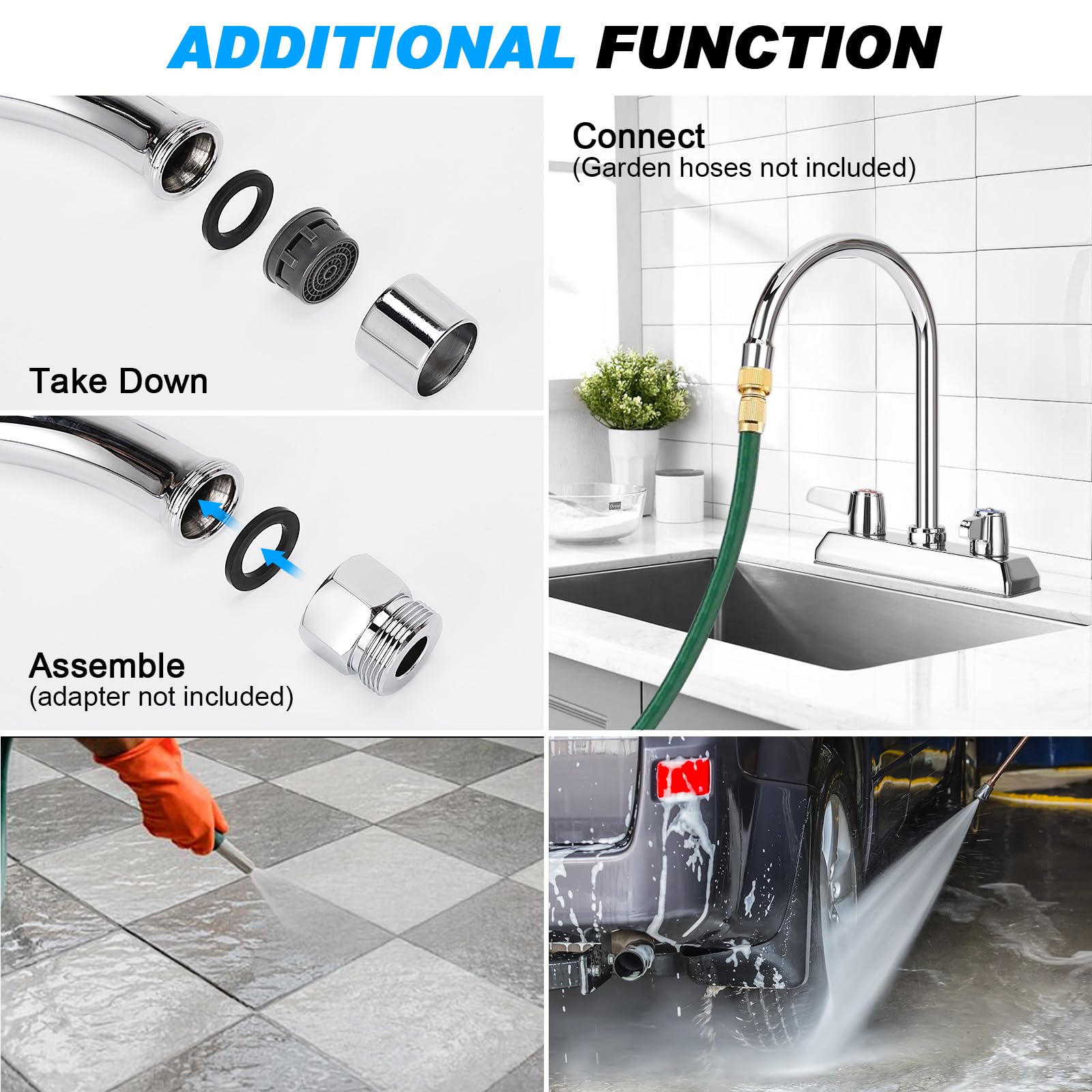 Bietor Commercial Bar Sink Faucet,4 Inch Center Deck Mount Utility Sink Faucet， 2 Hole Brass Constructed,Chrome Polished With 6" Gooseneck Spout And 90°Rotatable Dual Lever Handles.