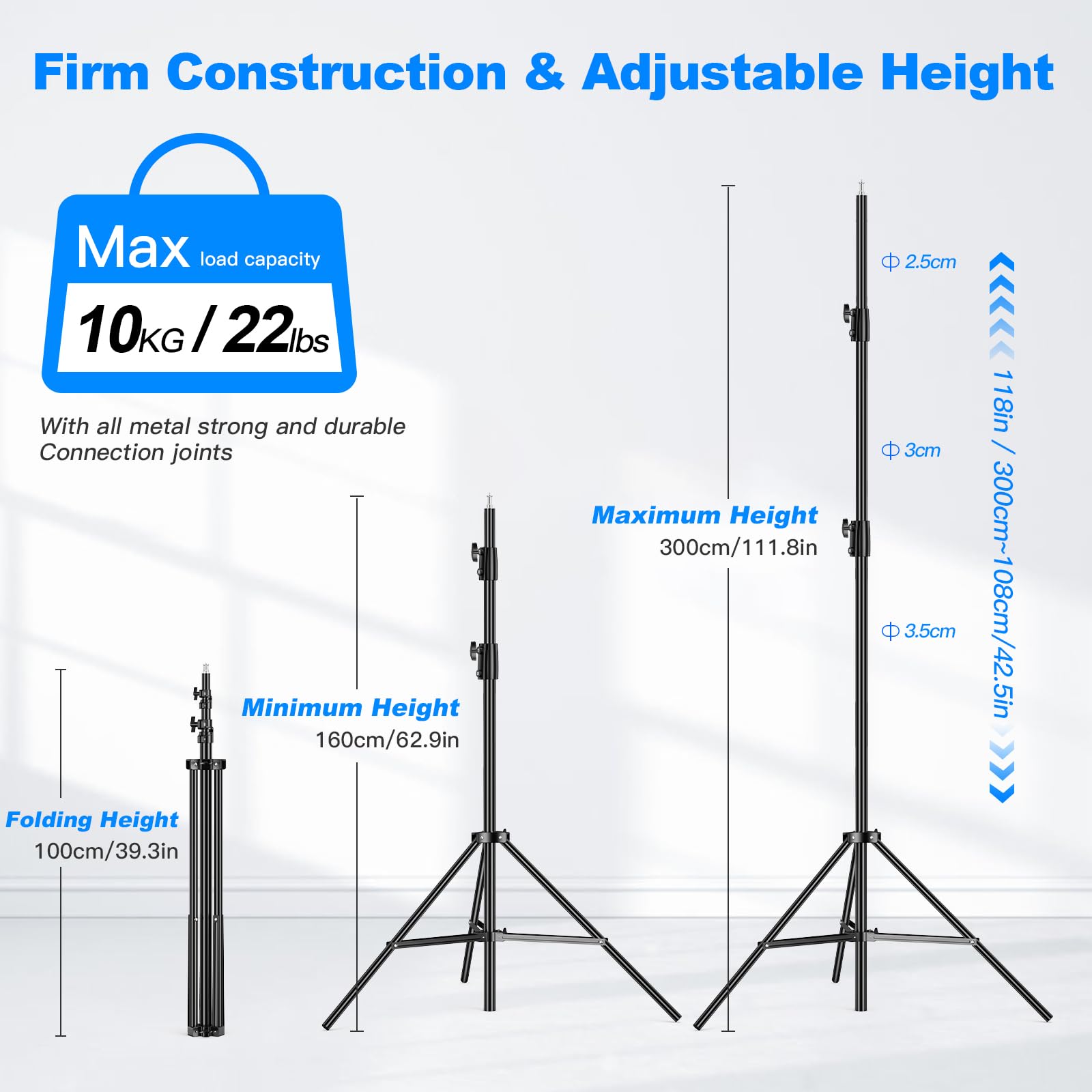 Soonpho Heavy Duty Light Stand 9.8Ft / 3M Adjustable 10Kg/ 22Lb Max Loading Photography Air Cushioned Tripod Stand With 1/4" Thread Used For Video Light, Strobe, Reflectors, Umbrella, Softboxes