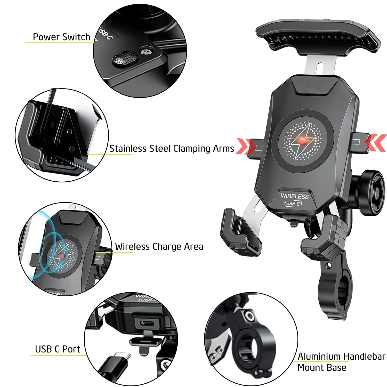 Imestou Anti-Theft Motorcycle Wireless Phone Mount Charger 15W & Usb C 3A Handlebar 1" Ball Phone Holder Works With 12V/24V Vehicle/Usb A Socket 720 Rotation Quick Charge For 4.0-7.0" Cellphones