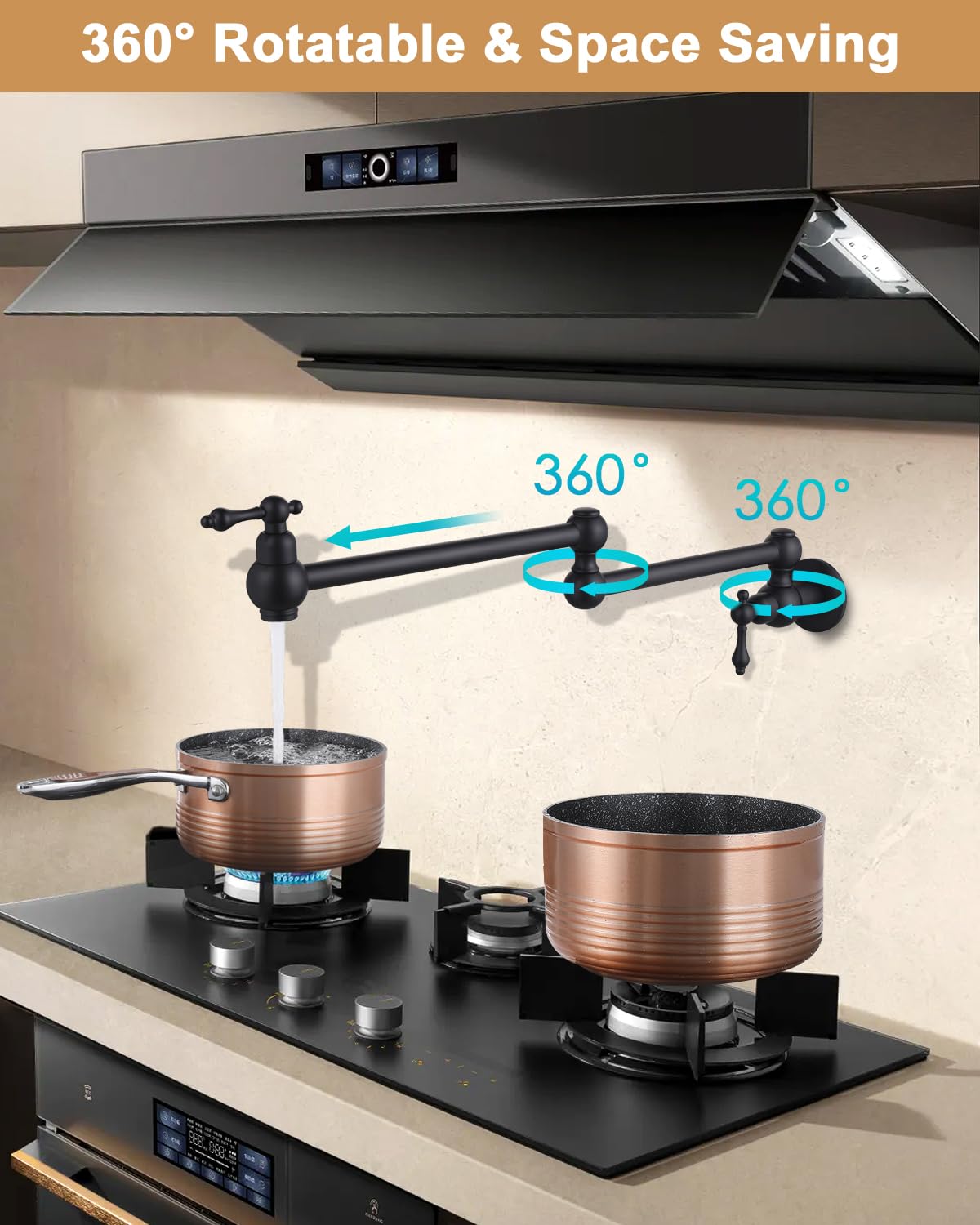 Vanbus Brass Pot Filler,Folding Over Stove Pot Filler Faucet Matte Black, Commercial Wall Mount Stove Pot Filler Kitchen Faucet With Double Joint Swing Arms