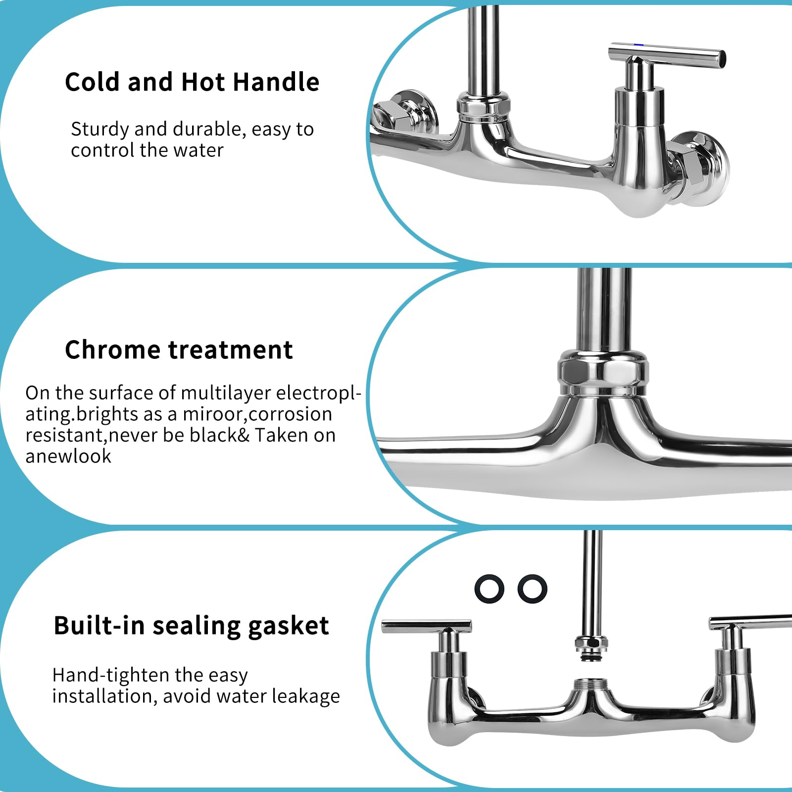 Tnroted Wall Mount Kitchen Faucet With 8" Gooseneck Swivel Spout, 8 Inch Center Commercial Kitchen Sink Faucet 2 Handle Wall Mount Utility Sink Faucet For Kitchen Restaurant Compartment Sink