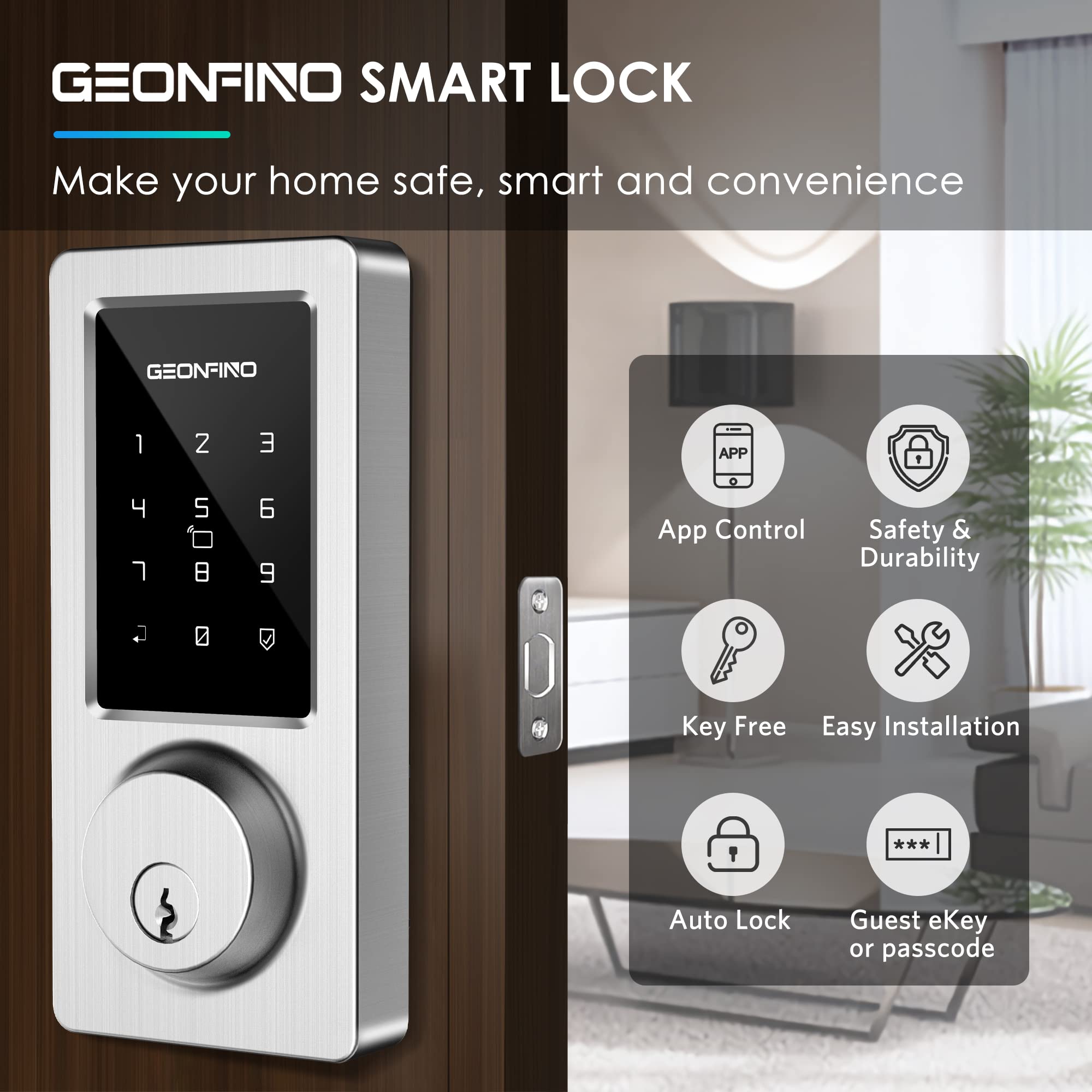 Geonfino Keyless Entry Door Lock, Smart Deadbolt Lock With Bluetooth App, Electronic Keypad, Ic Card, Spare Keys, Security Waterproof Smart Lock Easy Install Usb Ideal For Home Use, Office, Hotel.(Sliver)