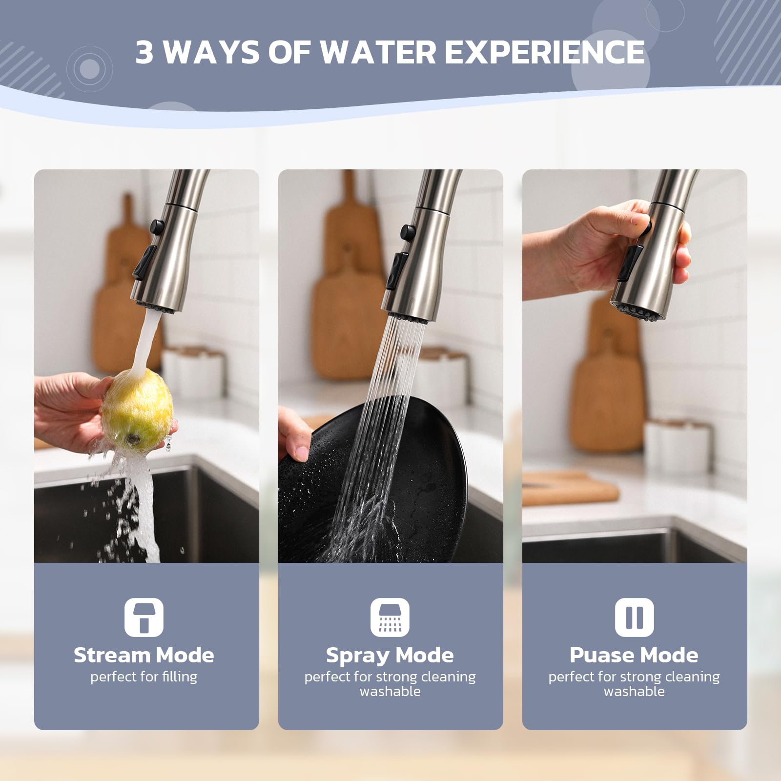 Wewe Kitchen Sink Faucet With Soap Dispenser, Kitchen Faucet With Pull Down Sprayer 3 Modes Stainless Steel Single Handle Single Hole Pull Out Brushed Nickel Faucet For Bar Laundry Rv Utility Sink