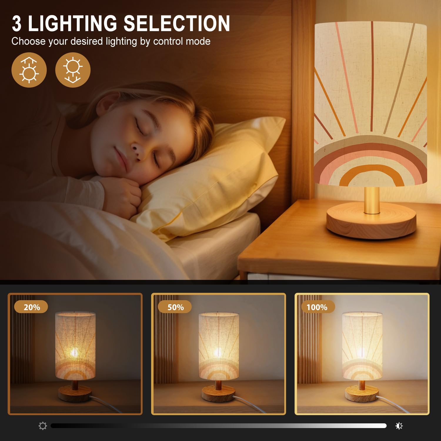 Rainfallaring Cute Minimalist Bedside Table Lamp Boho Magic Rainbow Sun And Rays Abstract Geometric Solid Wood Nightstand Lamp Bedside Desk Lamps Wood Base Flaxen Fabric Shade For Girls Bedroom Nursery Living Room