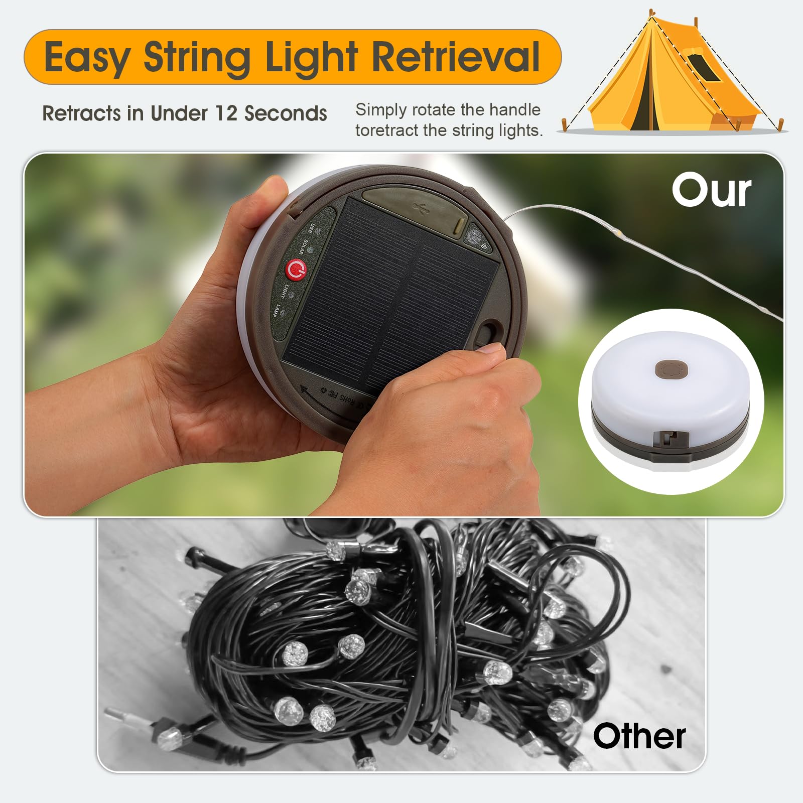 Black Elk Peak Solar Camping String Lights 32.8 Ft, Rechargeable Led Outdoor Camping Lantern, 8 Lighting Modes, Remote Control, Ip44 Waterproof, Foldable Handle, Power Bank, Portable For Hiking, Yard, Deco(32.8Ft)