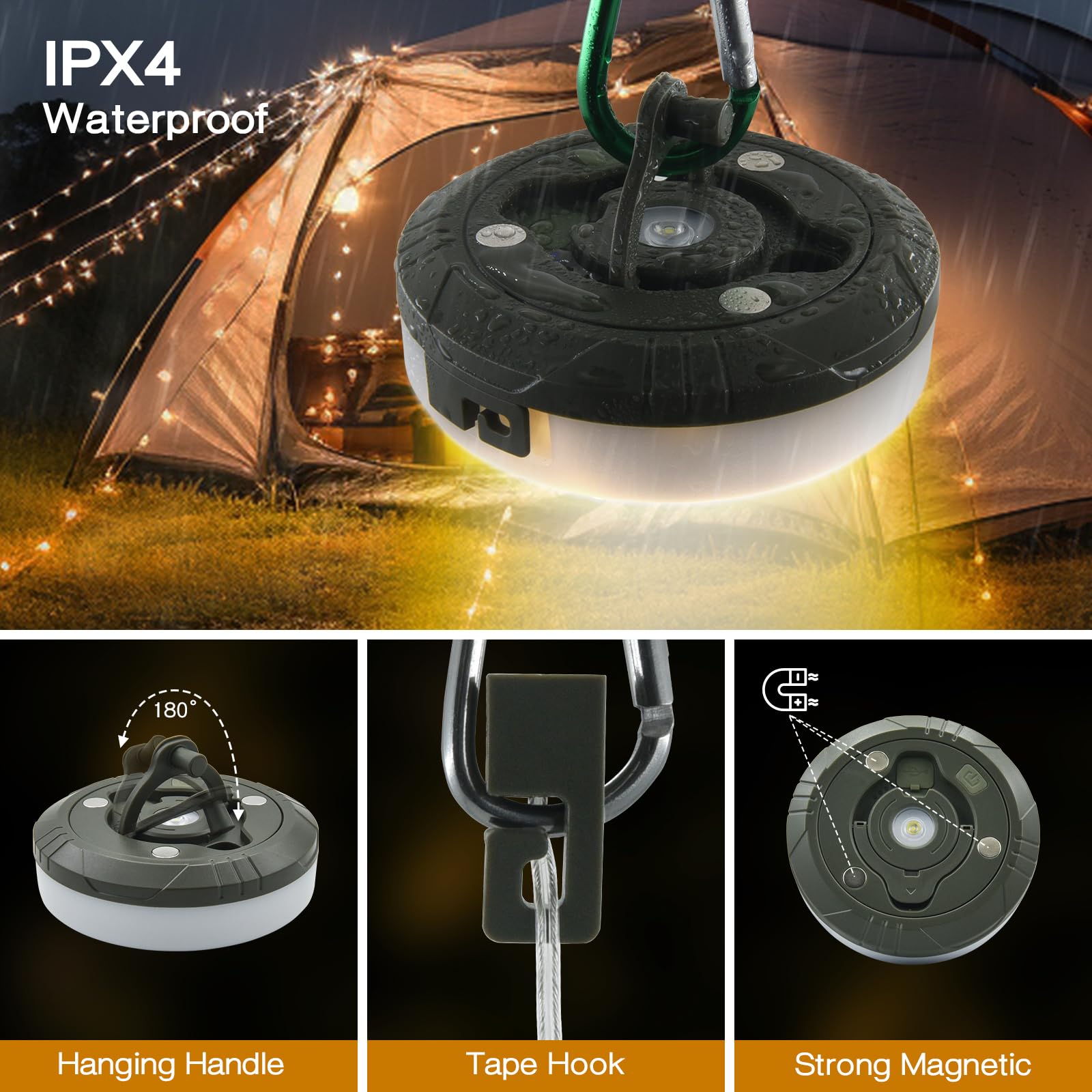 Totoppioneer Camping String Lights,3-In-1 Quick Storage 32.8Ft Rechargeable Tent Lights,8 Modes Outdoor String Lights Waterproof,Portable Retractable Camping Lantern For Hiking Awning Garden Party Festival Decor