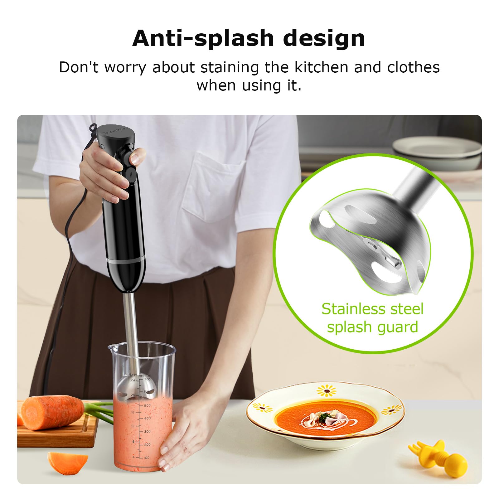 Bonsenkitchen Hand Blender, Immersion Blender With 2 Mixing Speed, Electric Handheld Blender Portable Stick Mixer With Stainless Steel Blades For Soup, Smoothie, Puree, Baby Food