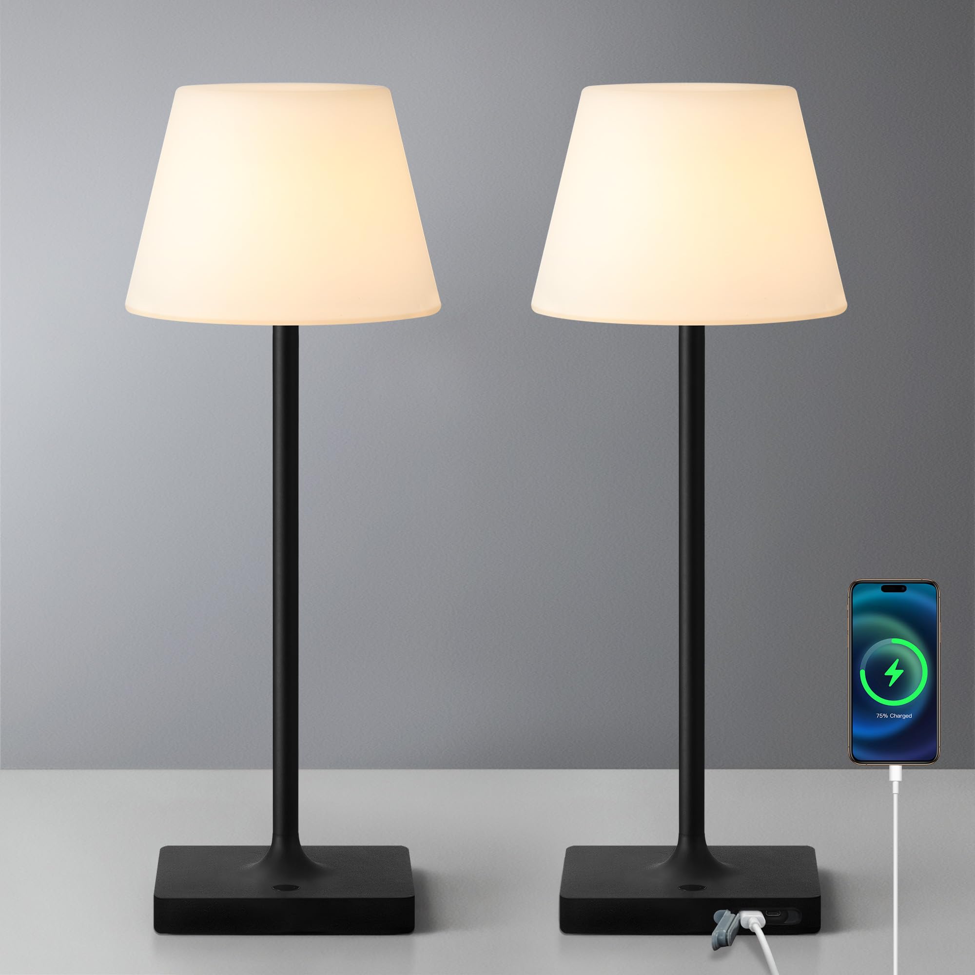 Newsee Cordless Portable Touch Table Lamp Waterproof Set Of 2, 4000Mah Rechargeable Battery Powered Dimmable Led Desk Lamps, Modern Baby Night Light For Bedroom, Restaurant, Bathroom (Black 14.5")