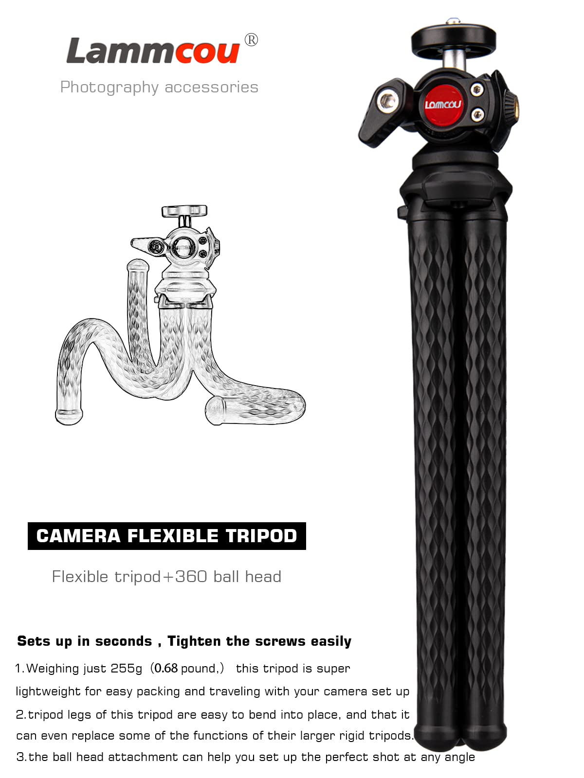 Lammcou Camera Tripod Flexible Mini Small Travel Lightweight Bendy Selfie Gorrila Tripod For Dslr Camera Vlogging Video Camera Action Camcorder Webcam Projector Ring Light Accessory Trípode