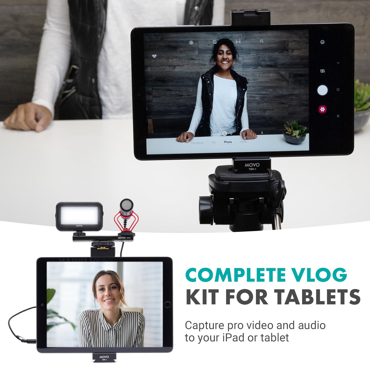Movo Tablet Vlogging Kit For Ipad - Ipad Vlogging Kit With Tablet Holder, Full Size Tripod, Microphone, Led Light, Cold Shoe Extension - Youtube Starter Kit With Ipad Tripod Mount For Video Recording