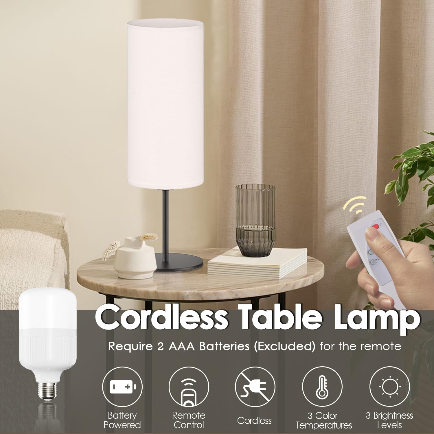 Aoceley Black Battery Operated Table Lamp Remote Control Cordless Rechargeable Lamp Dimmable 3-Way Nightstand Lamp With Fabric Shade For Bedroom, Living Room, Office (Led Bulb Included)