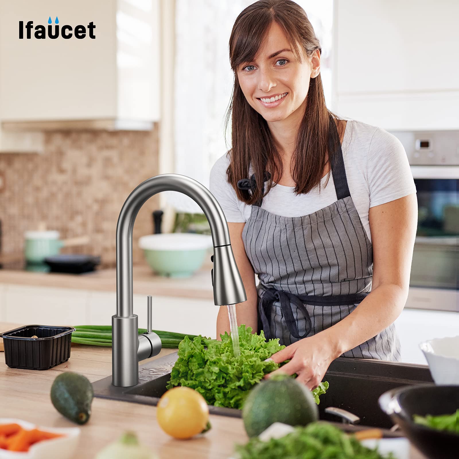 Ifaucet Kitchen Faucet Head Replacement 3 Modes With 17 Adapters, Pull Down Spray Head For Kitchen Faucet, Kitchen Sink Faucet Head G 1/2, Sprayer Head Replacement, Compatible With Moen，Delta, Kohler Faucets