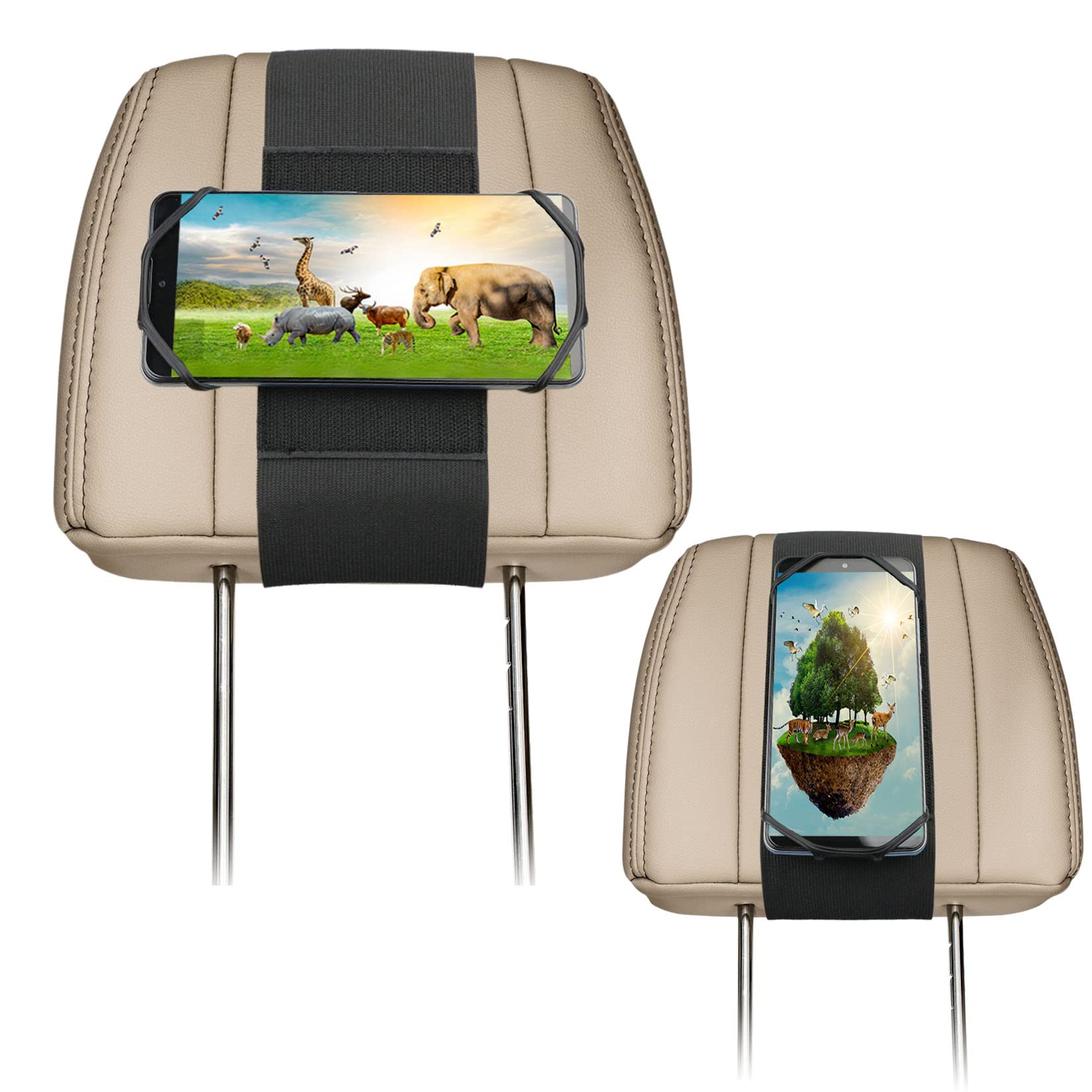 Wellmete Car Headrest Phone Holder For Kids Back Seat - Compatible With Iphone, Samsung And Other Cell Phones - Soft Adjustable Silicone Holding Net (For Phone 2 Pack)