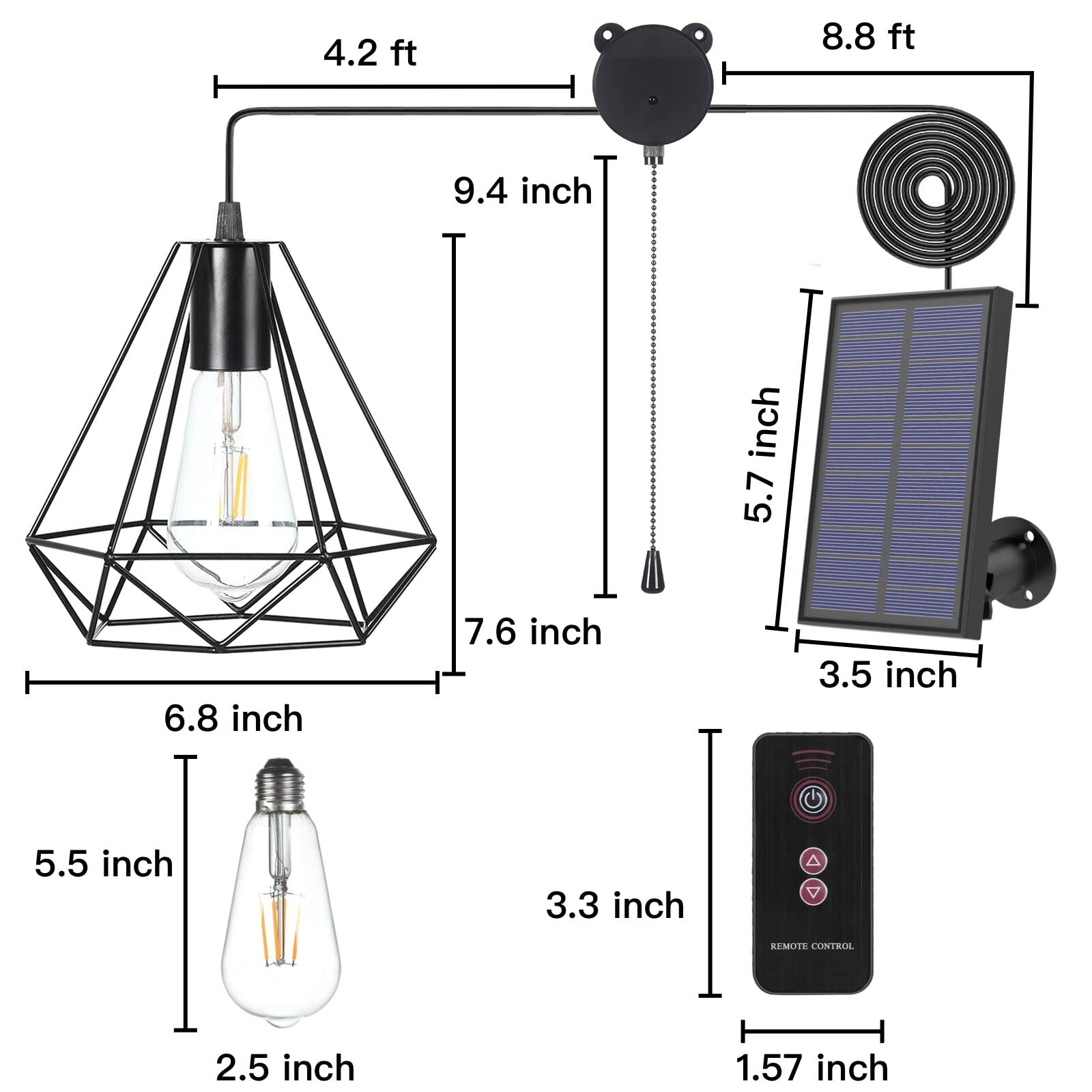 Yumamei Solar Pendant Lights, Solar Powered Shed Light With Pull Cord And Remote For Outdoor Indoor, Solar Chandelier, Gazebo Lights With Adjustable Solar Panel For Yard Patio Balcony Barn Garage