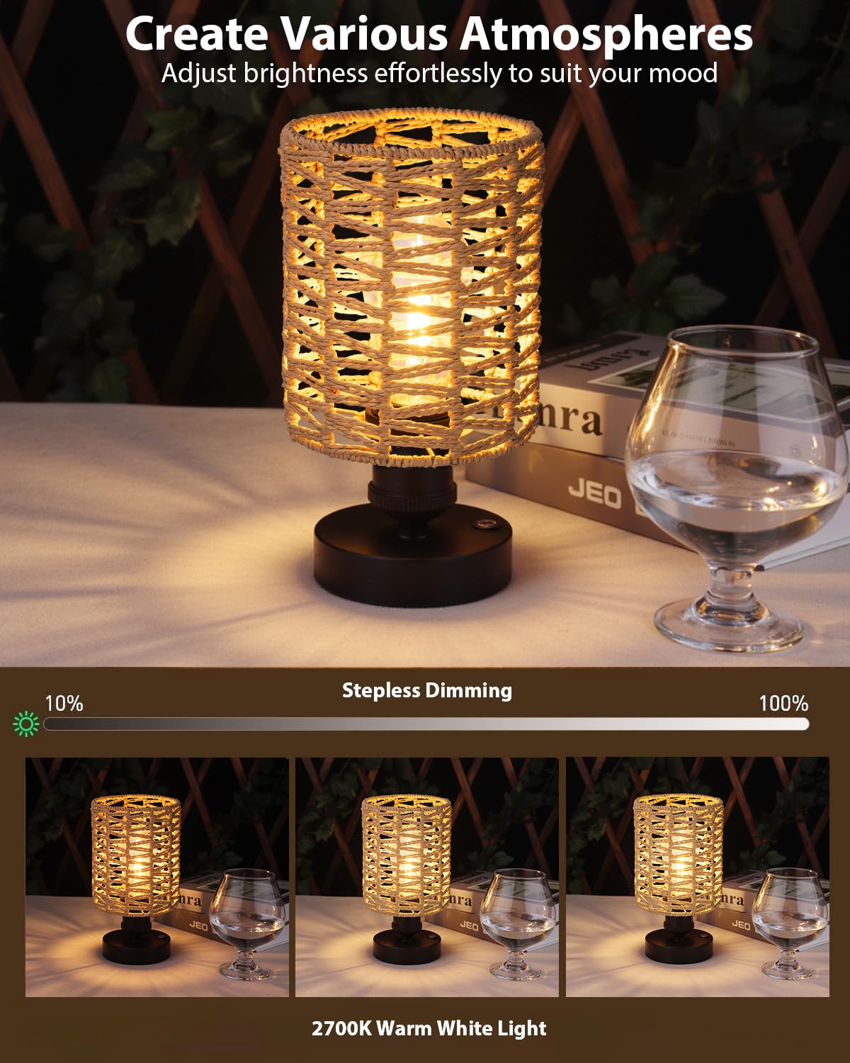 All Fortune Cordless Outdoor Table Lamps, Small Rattan Boho, Rechargeable Battery Operated For Outdoor Patio, Home, Living Room, Bedroom, Bedside - Set Of 2 (Beige-B)